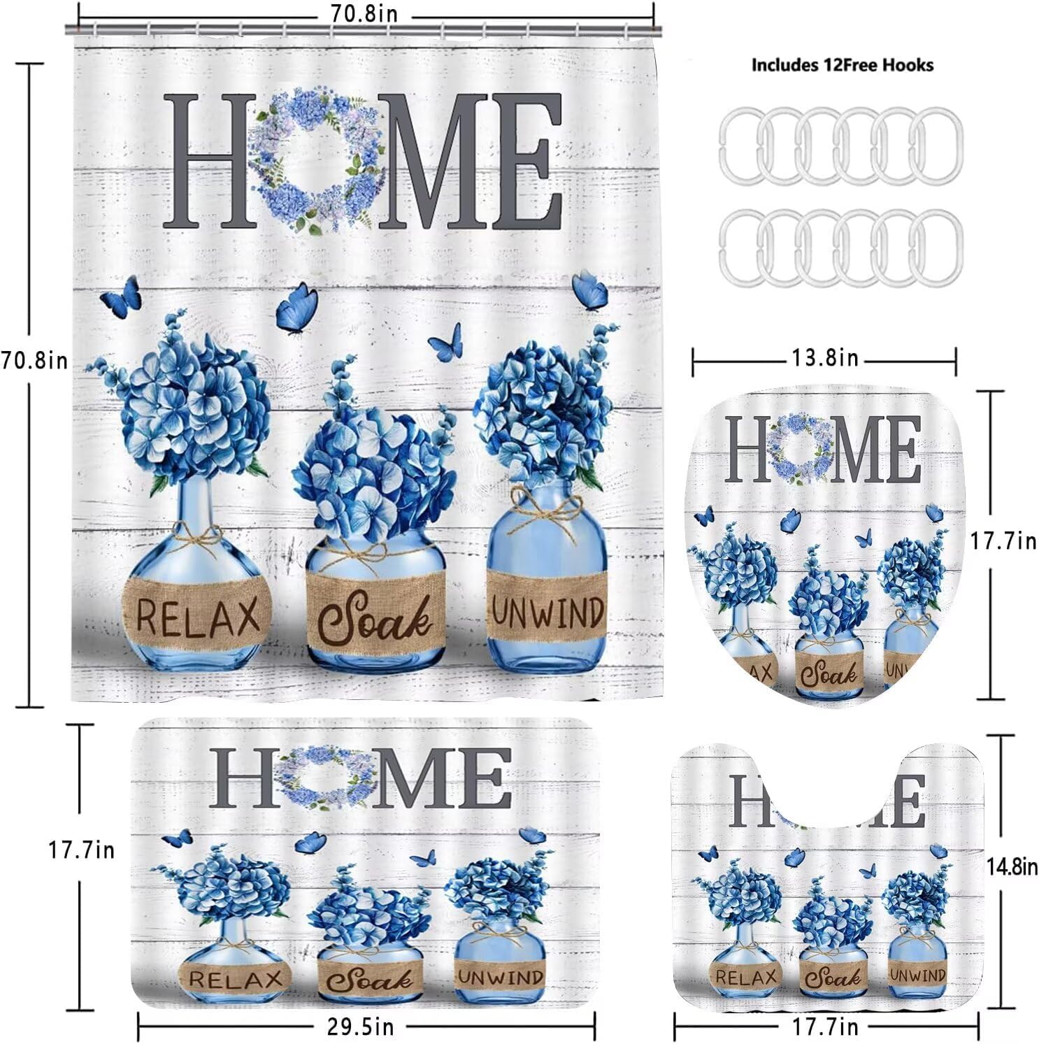 Juego de 4 cortinas de ducha de hortensias azules con alfombras, decoración del hogar, juego de baño con cortina de ducha y alfombras y accesorios,