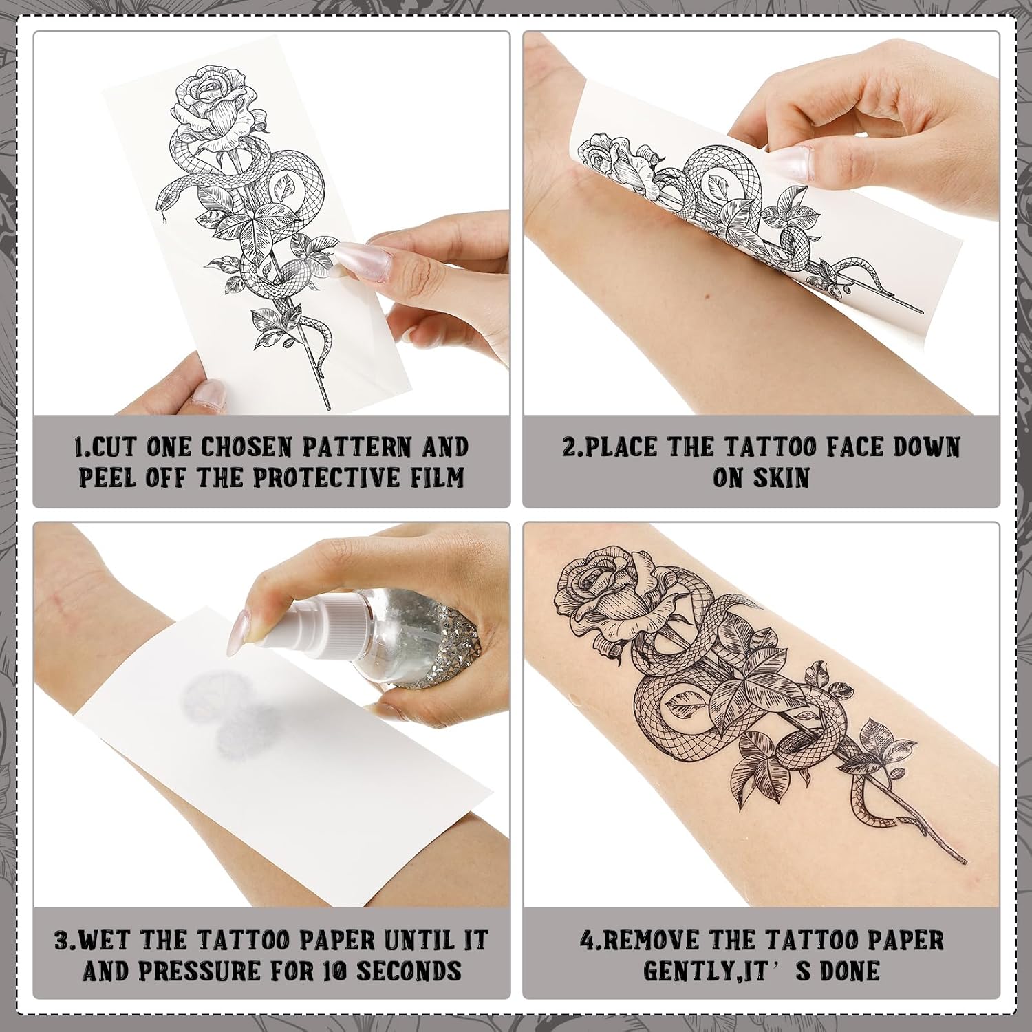 Demissle 50 hojas de tatuajes temporales realistas de serpiente negra en 3D, espadas florales, tatuajes de serpientes falsas, tatuajes de serpiente