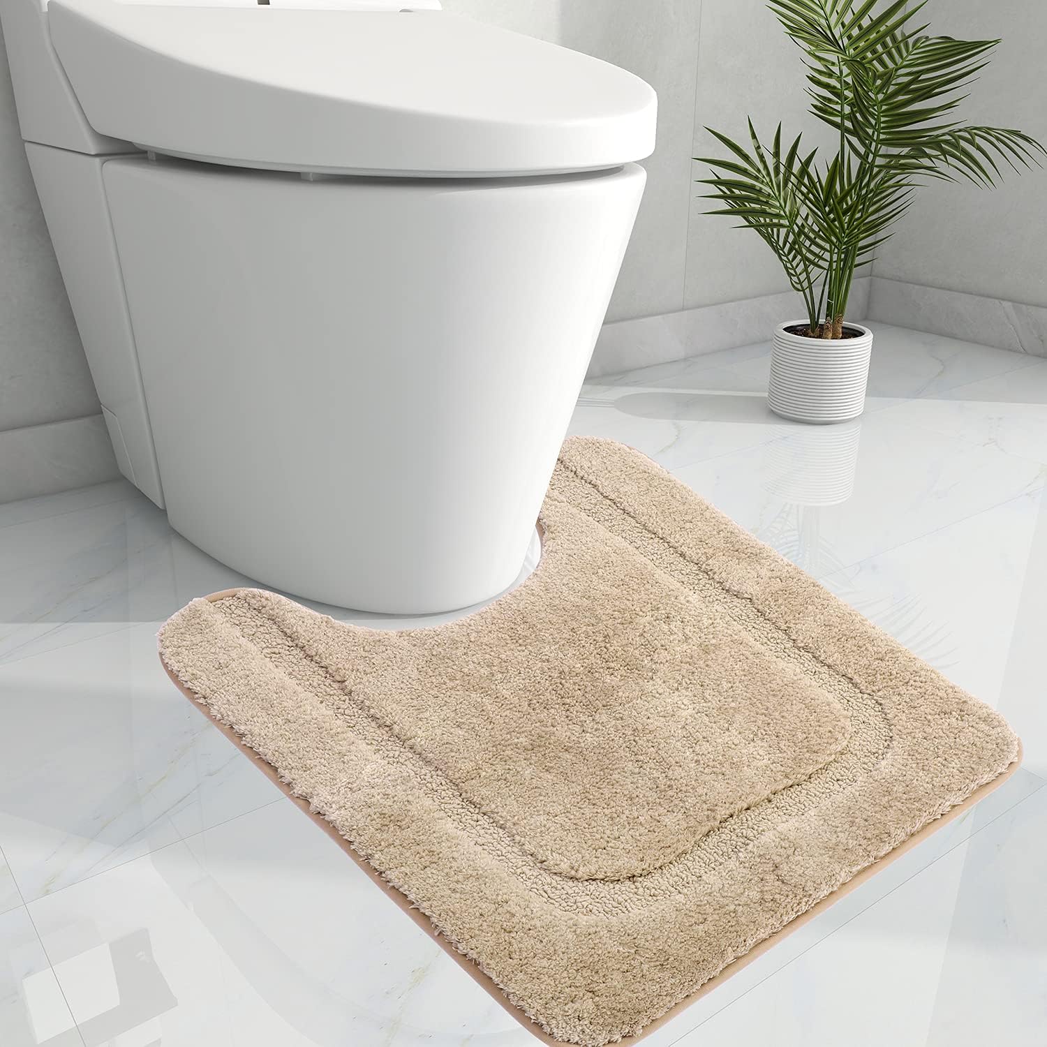 Alfombras de baño para inodoro contorneadas en forma de U, antideslizantes y absorbentes, ultra suaves, gruesas, lavables a máquina (beige, 20 x 24