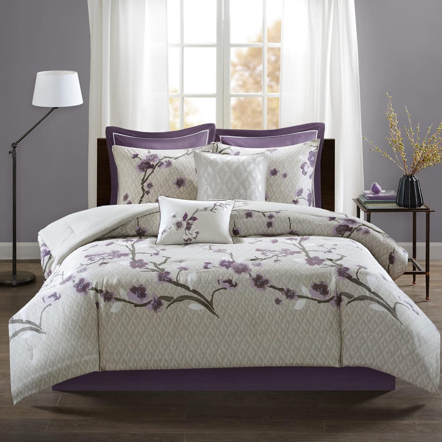 Madison Park Cozy Parrizer Nature Scenery DISEÑO Temporada, Falda de cama a juego, Almohadas decorativas, Reina, Púrpura 8 pieza