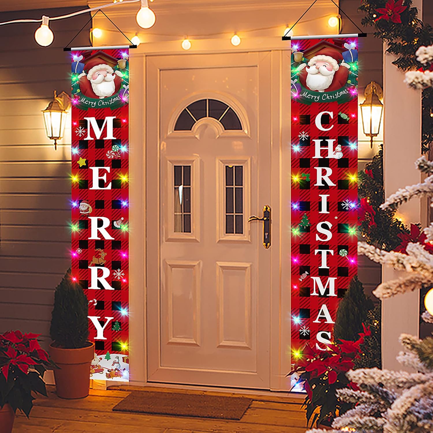 Decoraciones de Navidad para exteriores, letrero reversible para porche con cadena de luces, carteles colgantes de Feliz Navidad para puerta