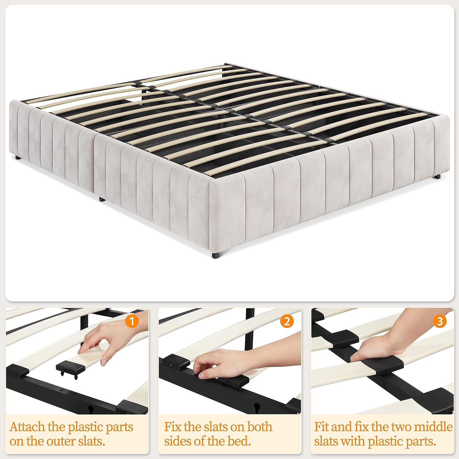 Topeakmart Base de cama tapizada tamaño Queen con 4 cajones, plataforma de almacenamiento con listones de madera, base de colchón, no incluye