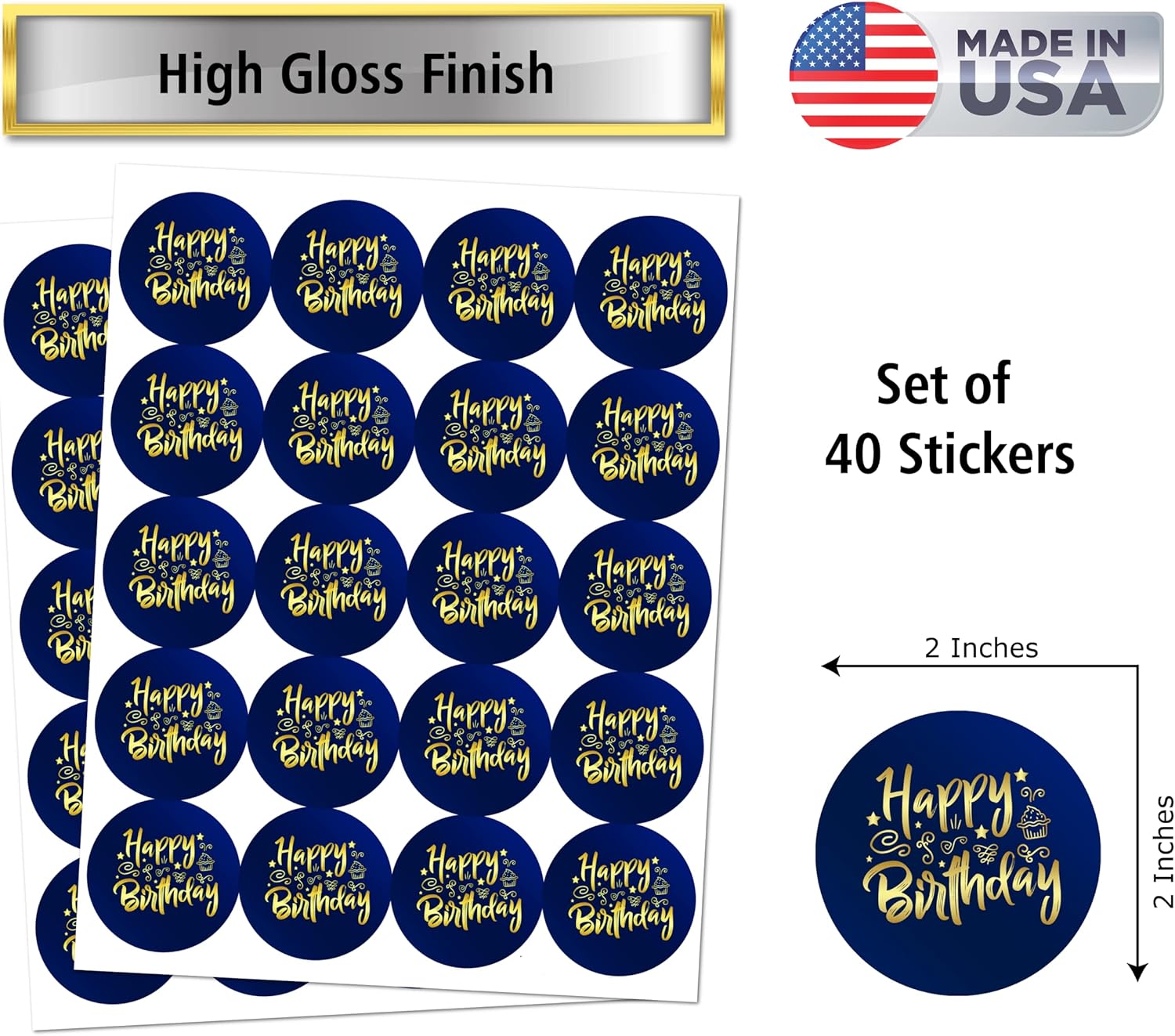 40 calcomanías de feliz cumpleaños, etiquetas redondas brillantes grandes de 2 pulgadas, ideal para fiestas de cumpleaños, caja de regalo, bolsa de