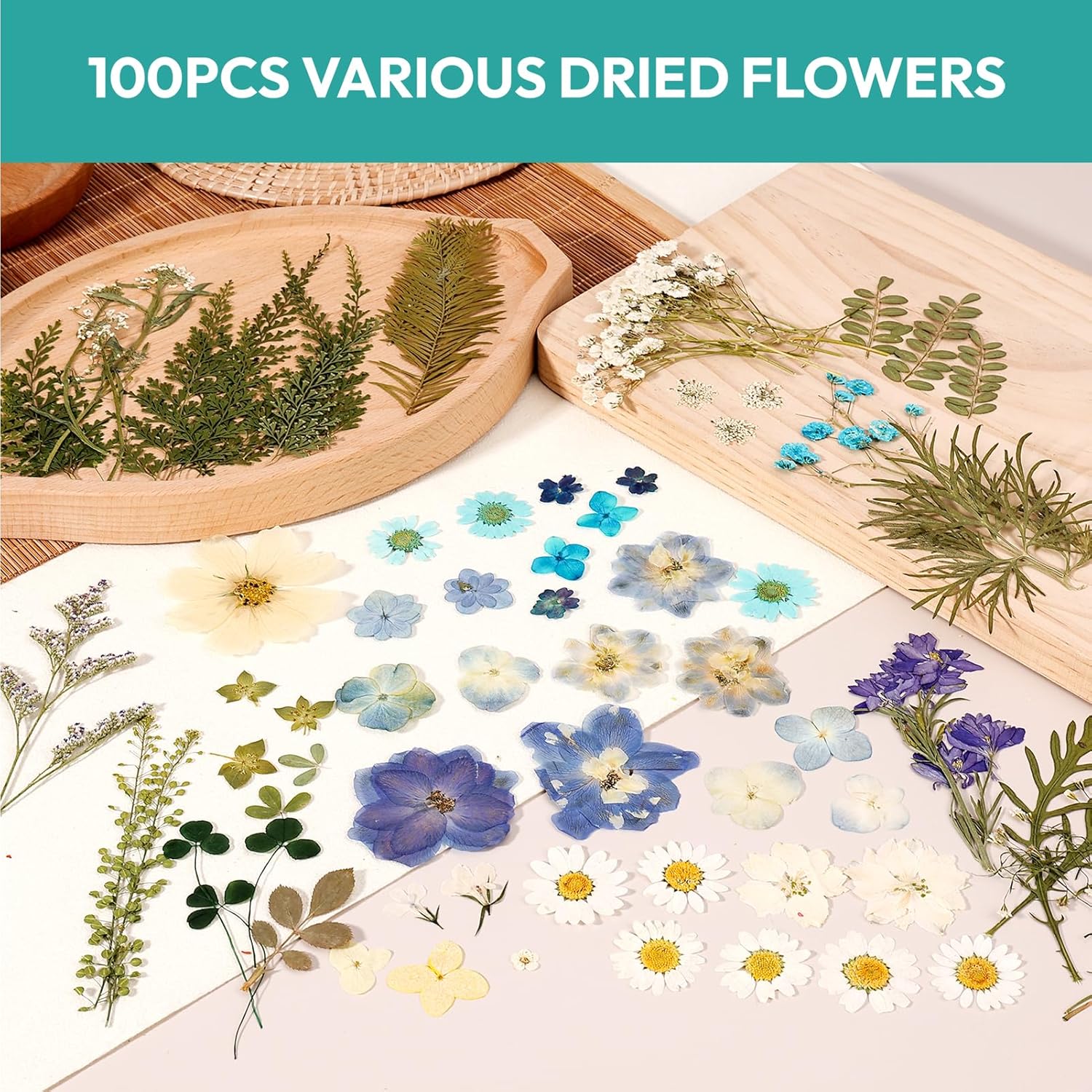 Resiners Juego de 100 flores secas prensadas para moldes de resina, flores secas naturales azules reales, kit de hojas secas para álbumes de