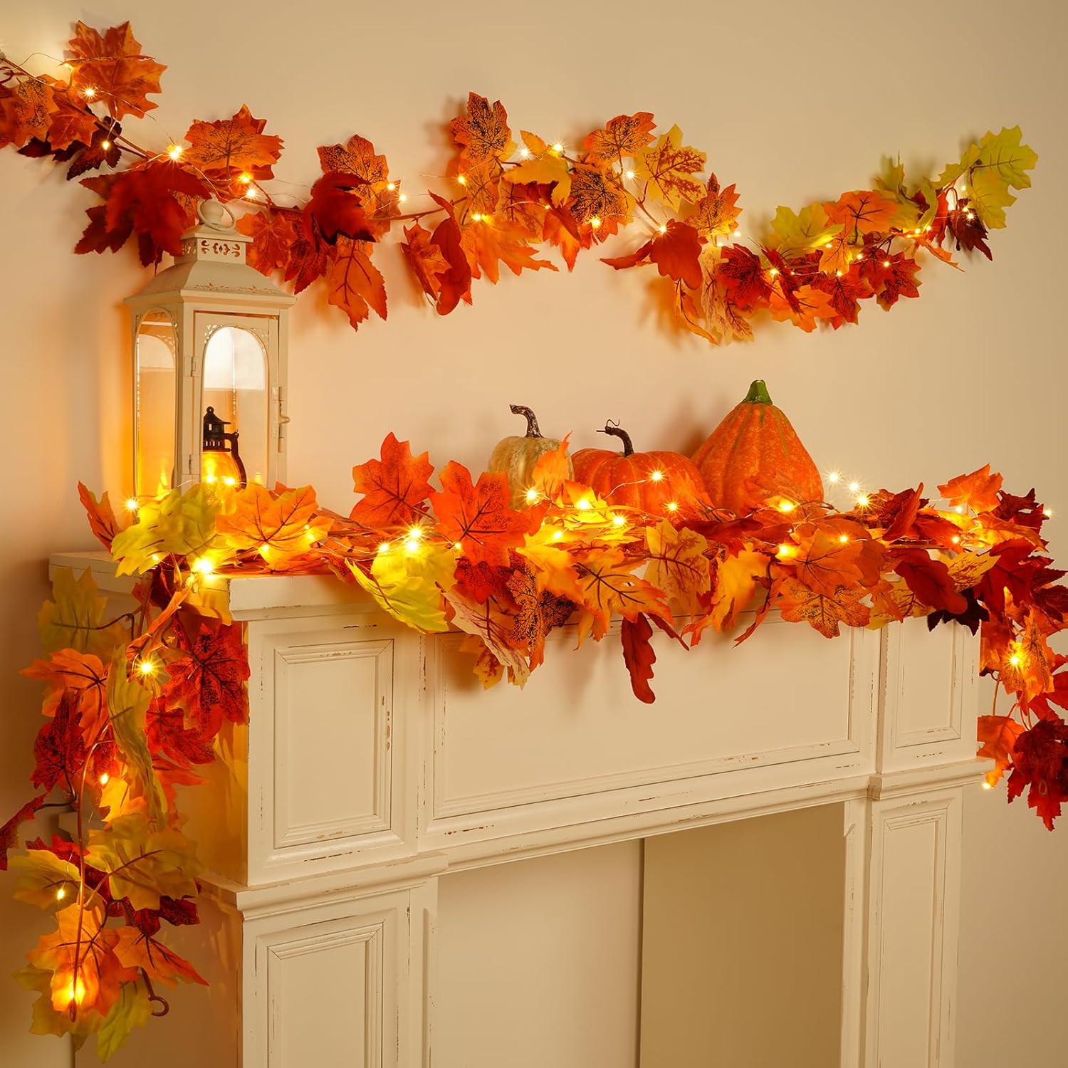 Dolicer Guirnalda de otoño con luces, 2 guirnaldas de hojas de otoño de 11.9 pies, guirnalda de otoño para manto, guirnalda de hojas de arce para el