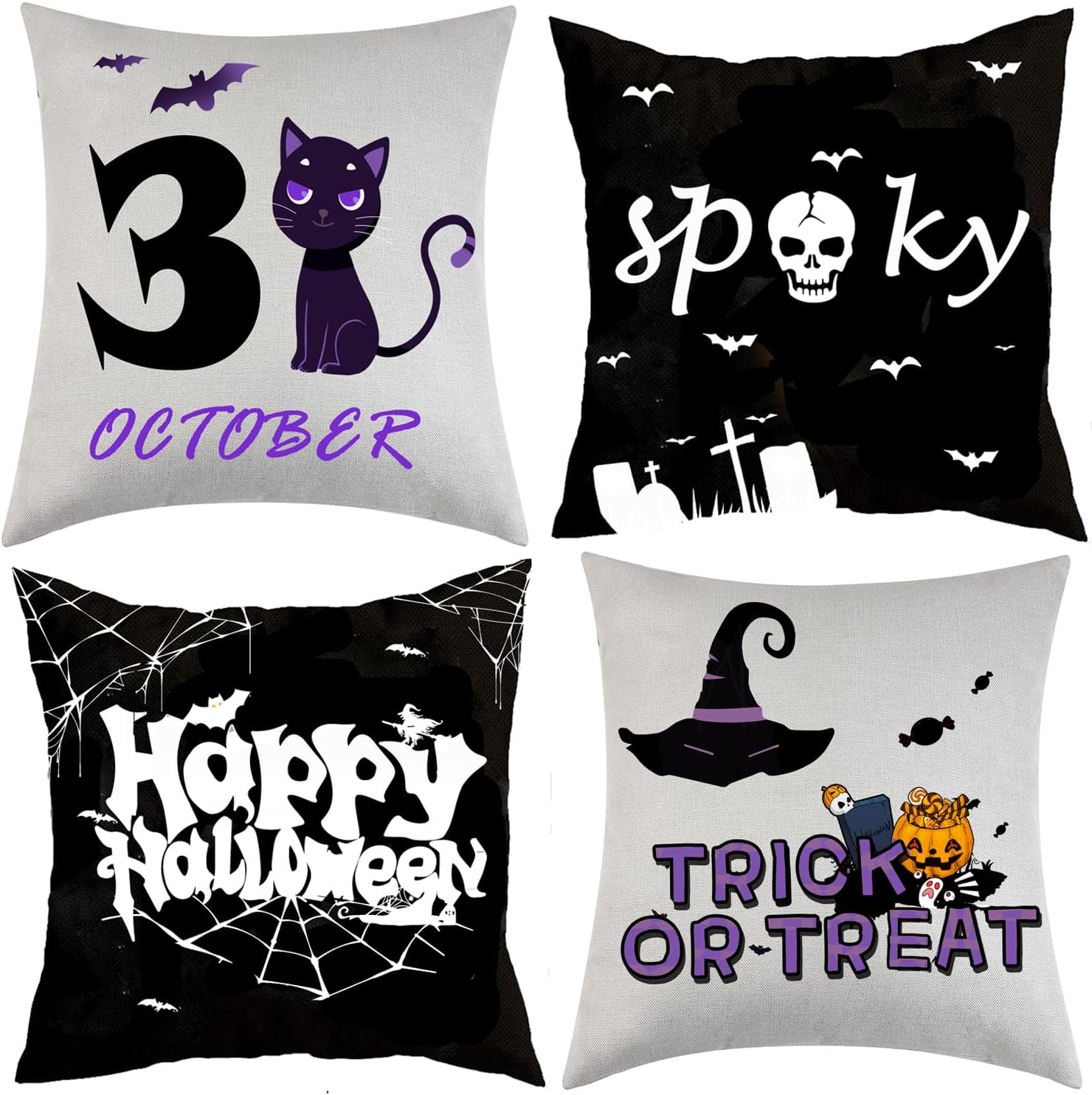 Juego de 4 fundas de almohada de Halloween de 18 x 18 pulgadas para decoración de Halloween, decoración de interiores y exteriores, suministros de