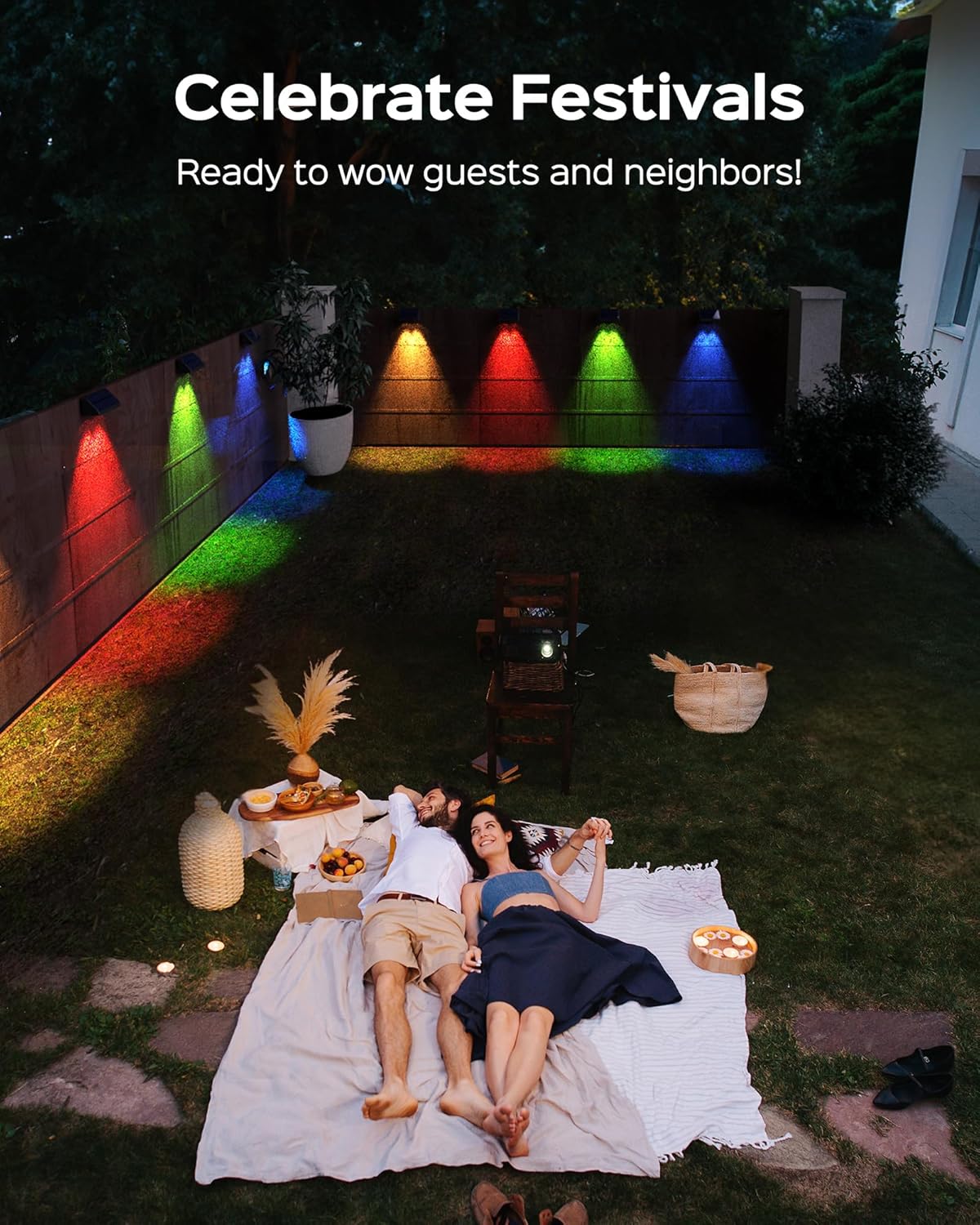JACKYLED Luces solares para valla de 50 lm, luces solares de valla RGB blancas cálidas para exteriores, impermeables, con lente LED, luces de