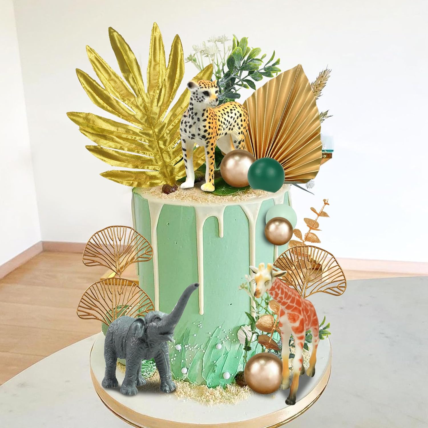26 piezas de animales de la selva para tartas de animales de safari, figuras de animales dorados, palmas doradas, decoración de pasteles de animales