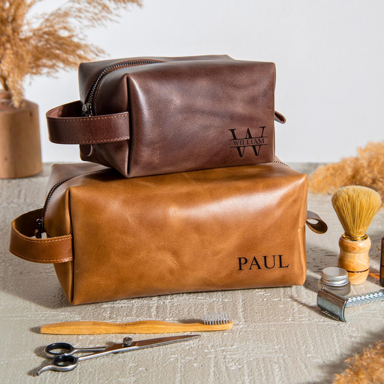 Personalized Leather Toiletry Bag for Men – Genuine Leather Dopp Kit, Perfect Gift for Groomsmen, Fathers Day, Wedding, Anniversary – Handcrafted