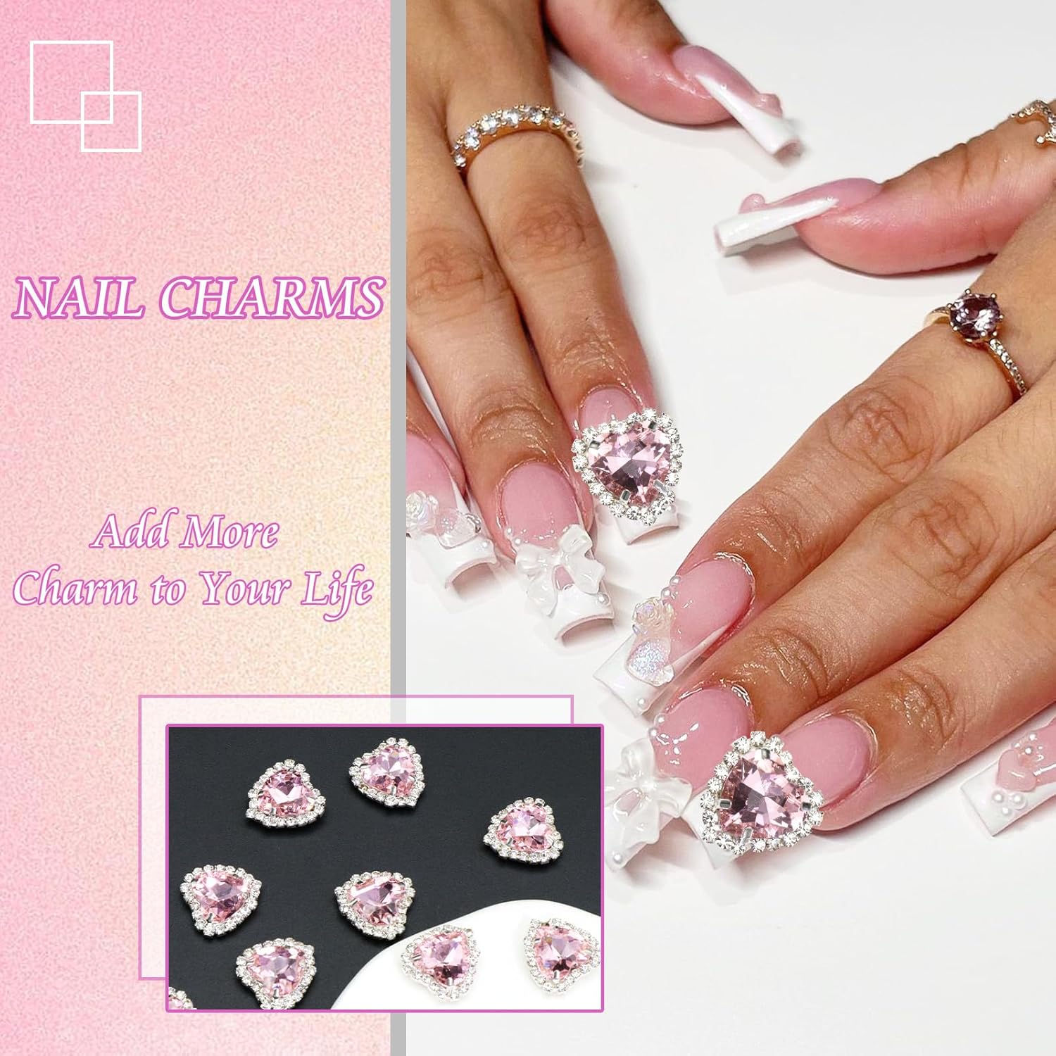 YAEISM Dijes de arte de uñas de corazón de 0.472 pulgadas, 10 piezas de diamantes de imitación de cristal 3D, dijes de uñas de diamante rosa