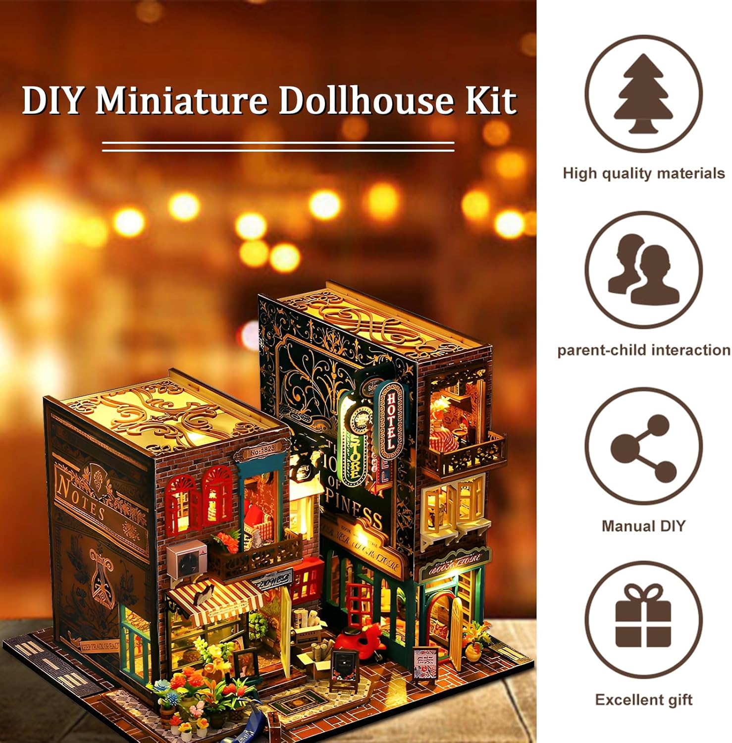 Tzgsonp Kit de rincón de libros, casa de muñecas de bricolaje, estante de libros, decoración de callejón con luz LED, kit de rincón de libros en