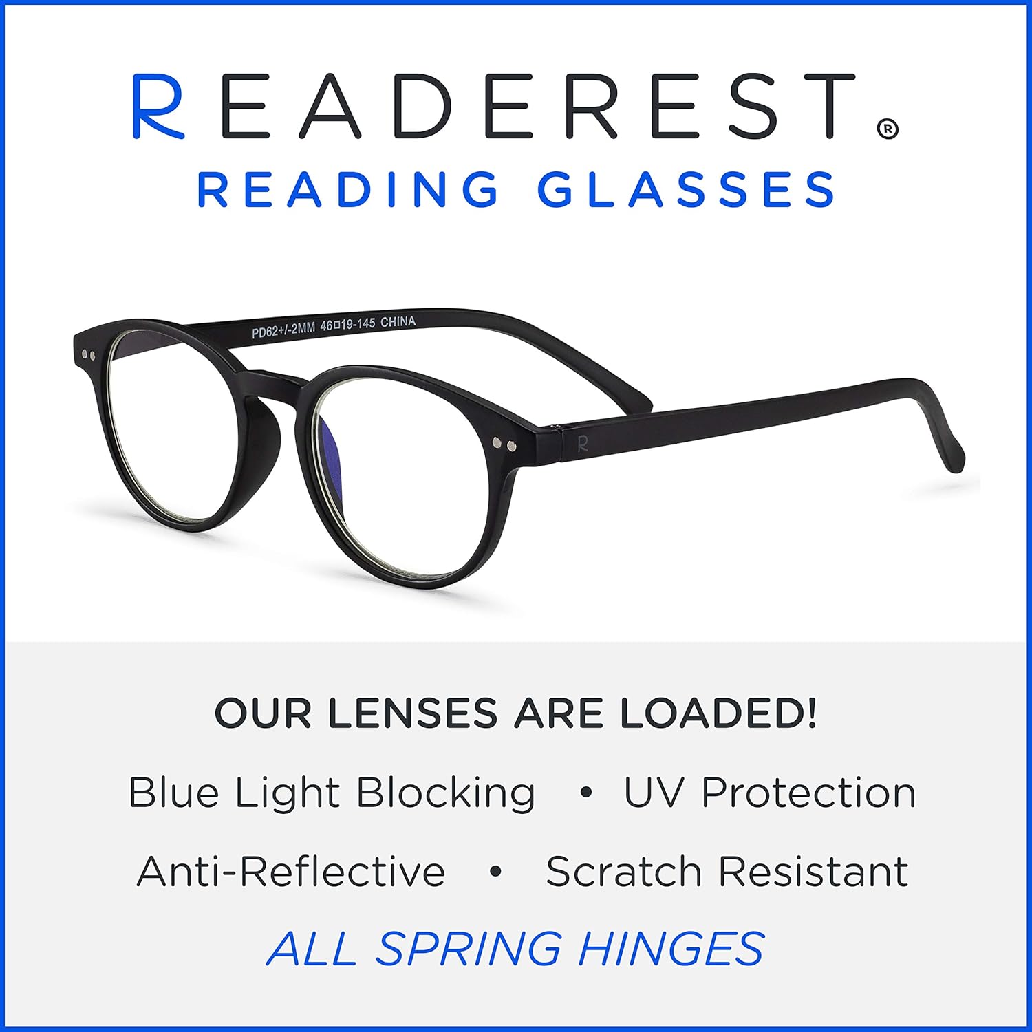 Readerest Lentes de lectura redondos con bloqueo de luz azul (negro, aumento de 2.50), a la moda, para hombres y mujeres, antirreflejos, antifatiga