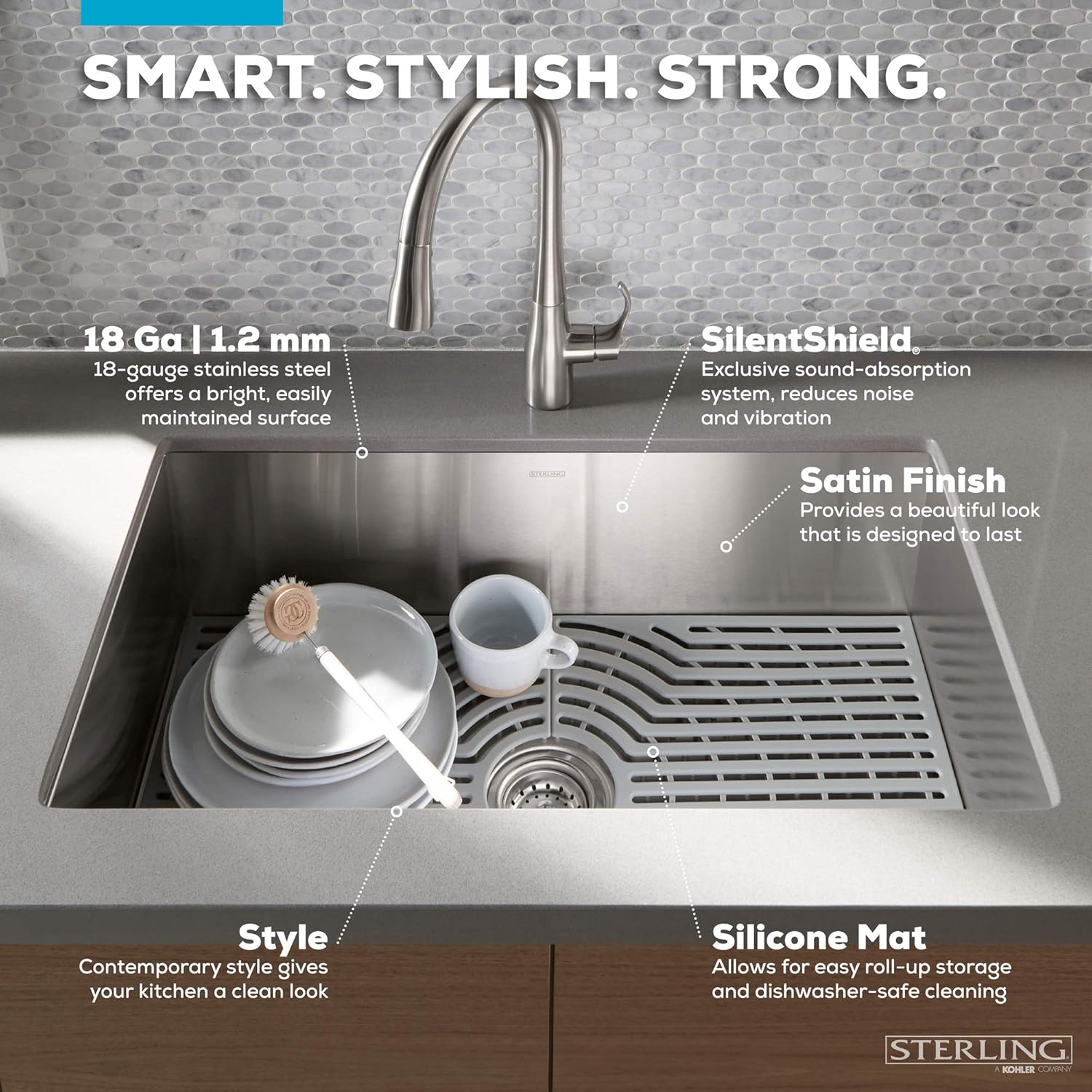 Kohler K-20243-PC-NA Sterling Ludington – Fregadero de cocina de 34 pulgadas con montaje inferior con accesorios, lavabo frontal de delantal, acero