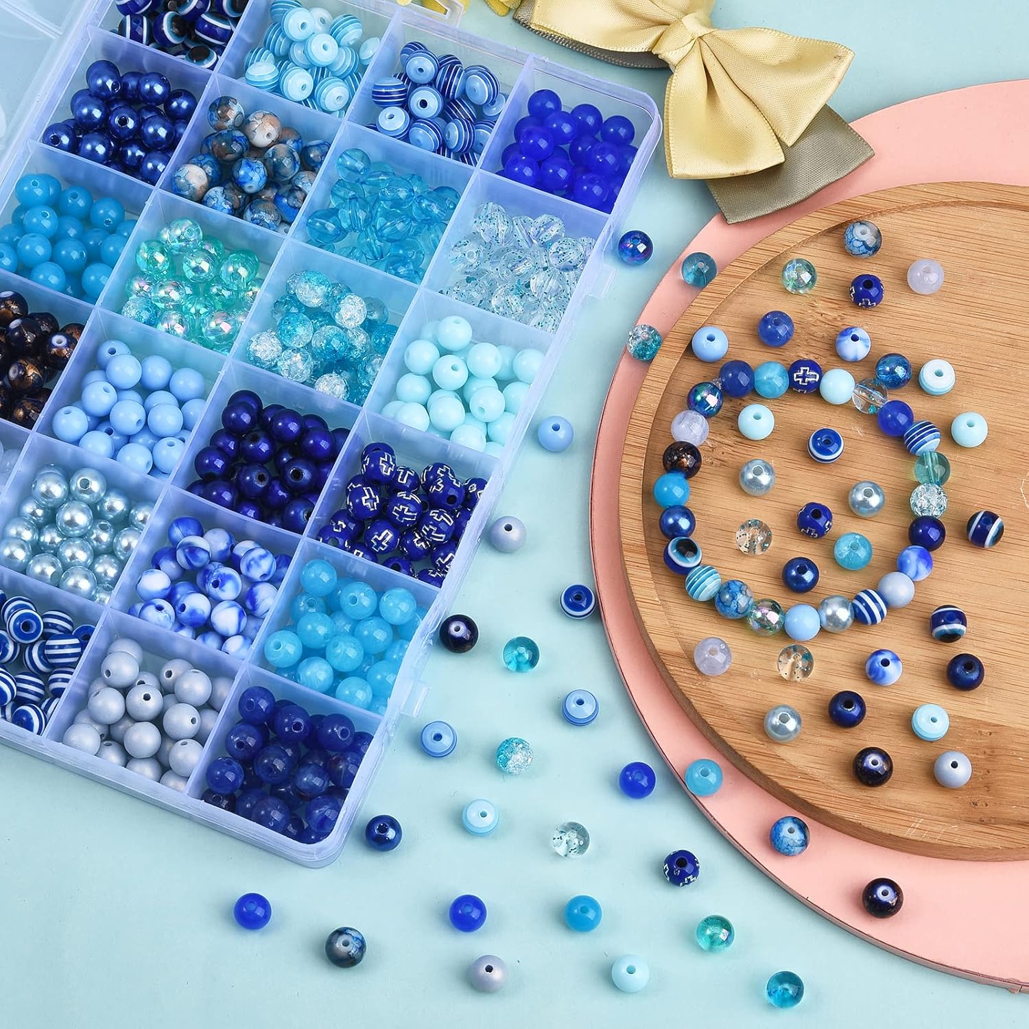 LiQunSweet 24 estilos 0.315 in tema azul redondo cuentas acrílicas espaciador surtido lote para hacer joyas, pulseras, aretes, collar, llavero,