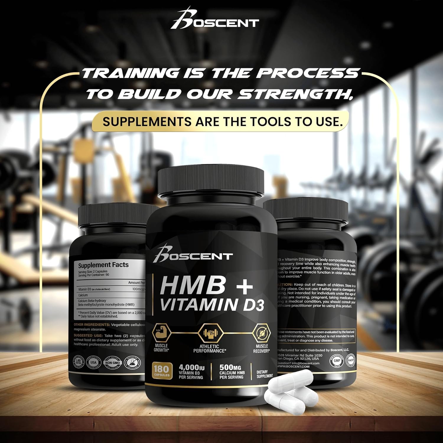 Suplemento de HMB y vitamina D3 – Suplementos de 1,000 mg de HMB con 4,000 UI de D3 y calcio para el crecimiento muscular, la fuerza y la