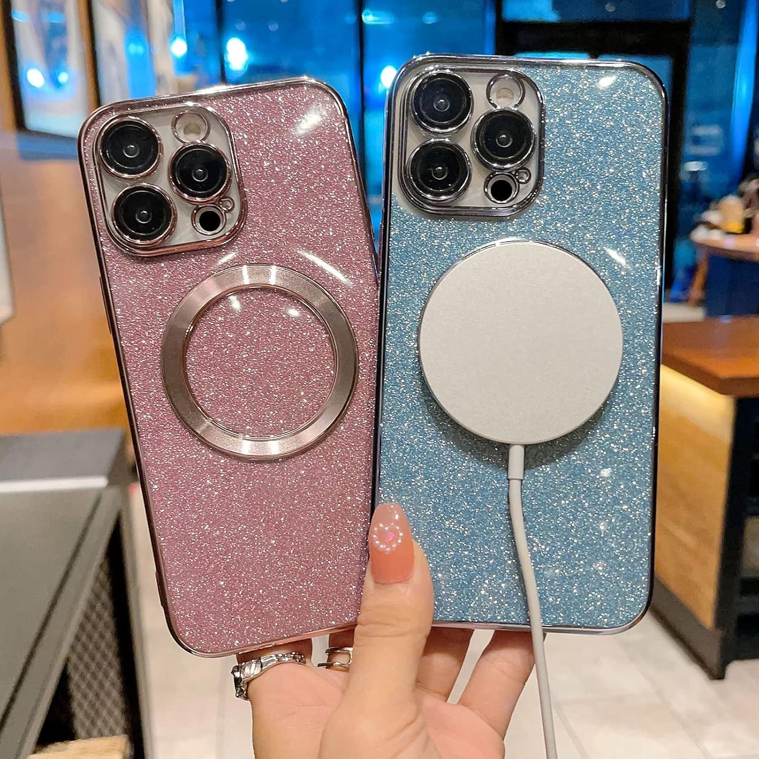 aowner Funda magnética para iPhone 15 Pro con purpurina, chapado de lujo brillante con protector de lente de cámara, compatible con MagSafe, delgada