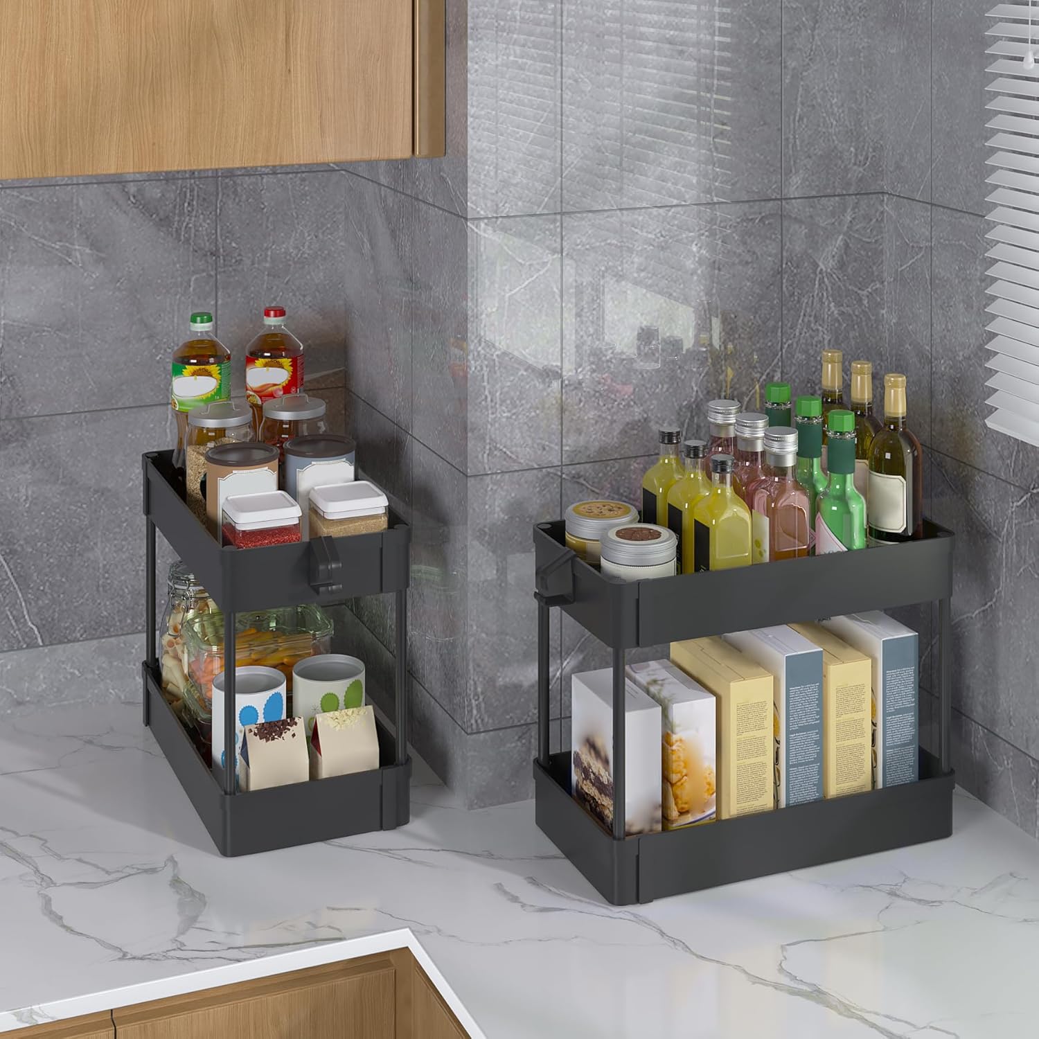 Organizador de almacenamiento para debajo del fregadero, cesta de almacenamiento de 2 niveles para debajo del baño, carrito de almacenamiento