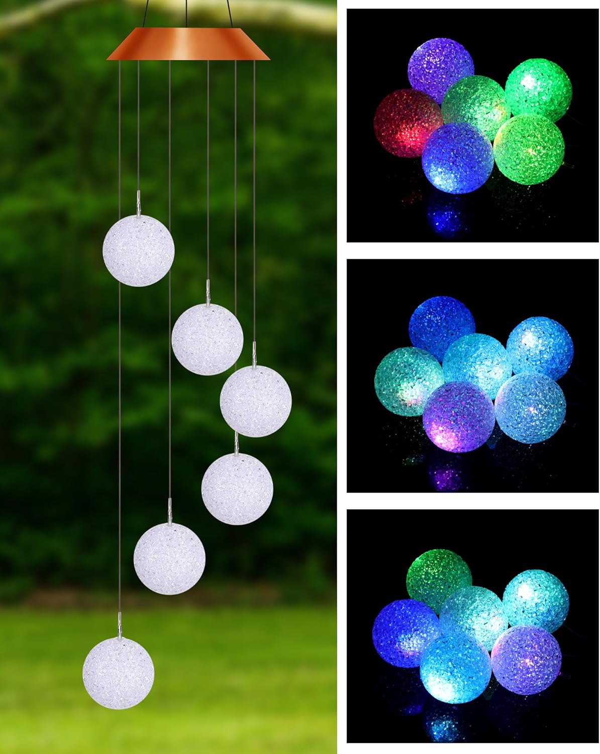 4 carillones de viento solares que cambian de color, bola de cristal LED, campanillas de viento solares portátiles impermeables colgantes luces