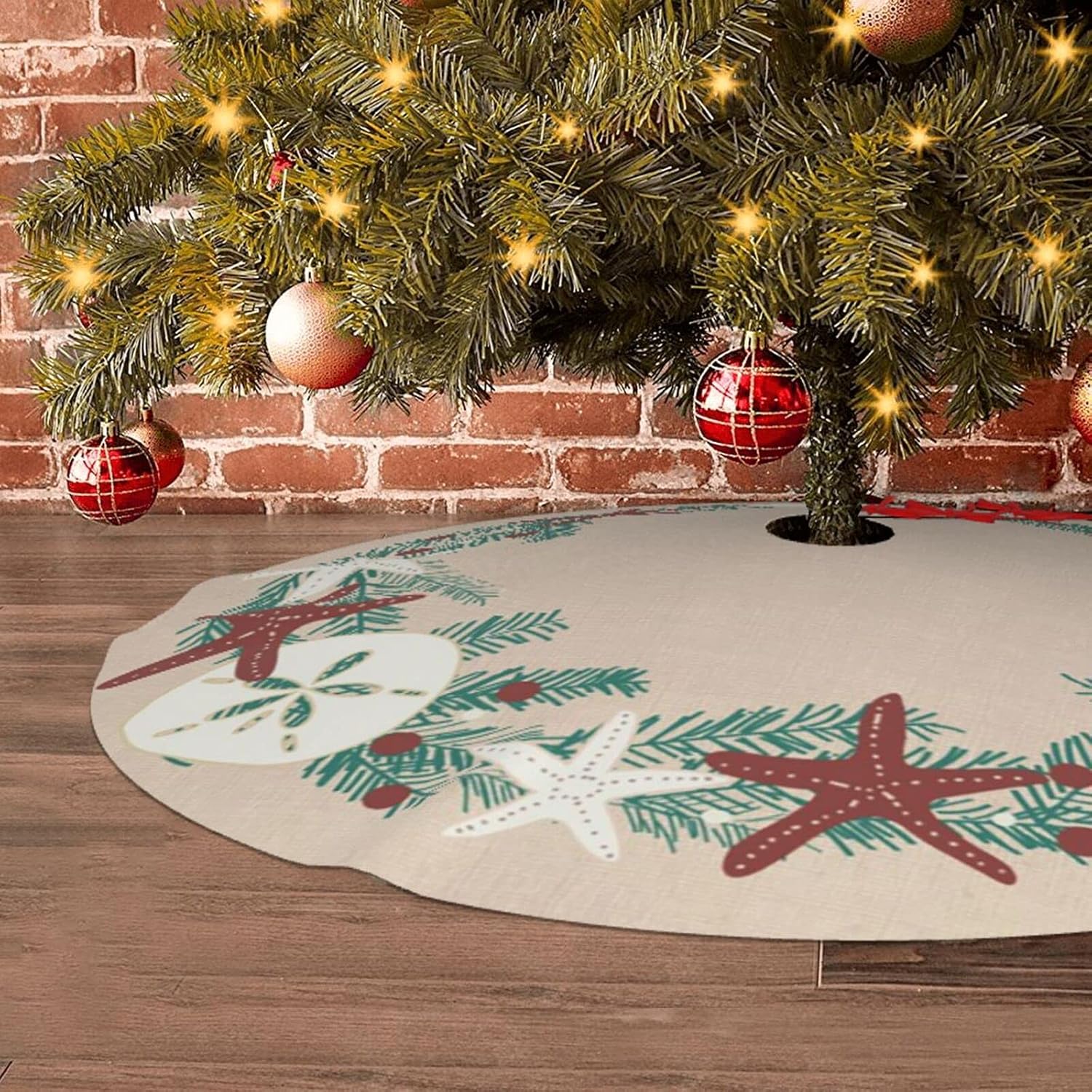 Falda de árbol de 30 pulgadas, estilo costero, rústico, playa, Navidad, vacaciones, decoración de estrellas de mar para fiestas, interiores y