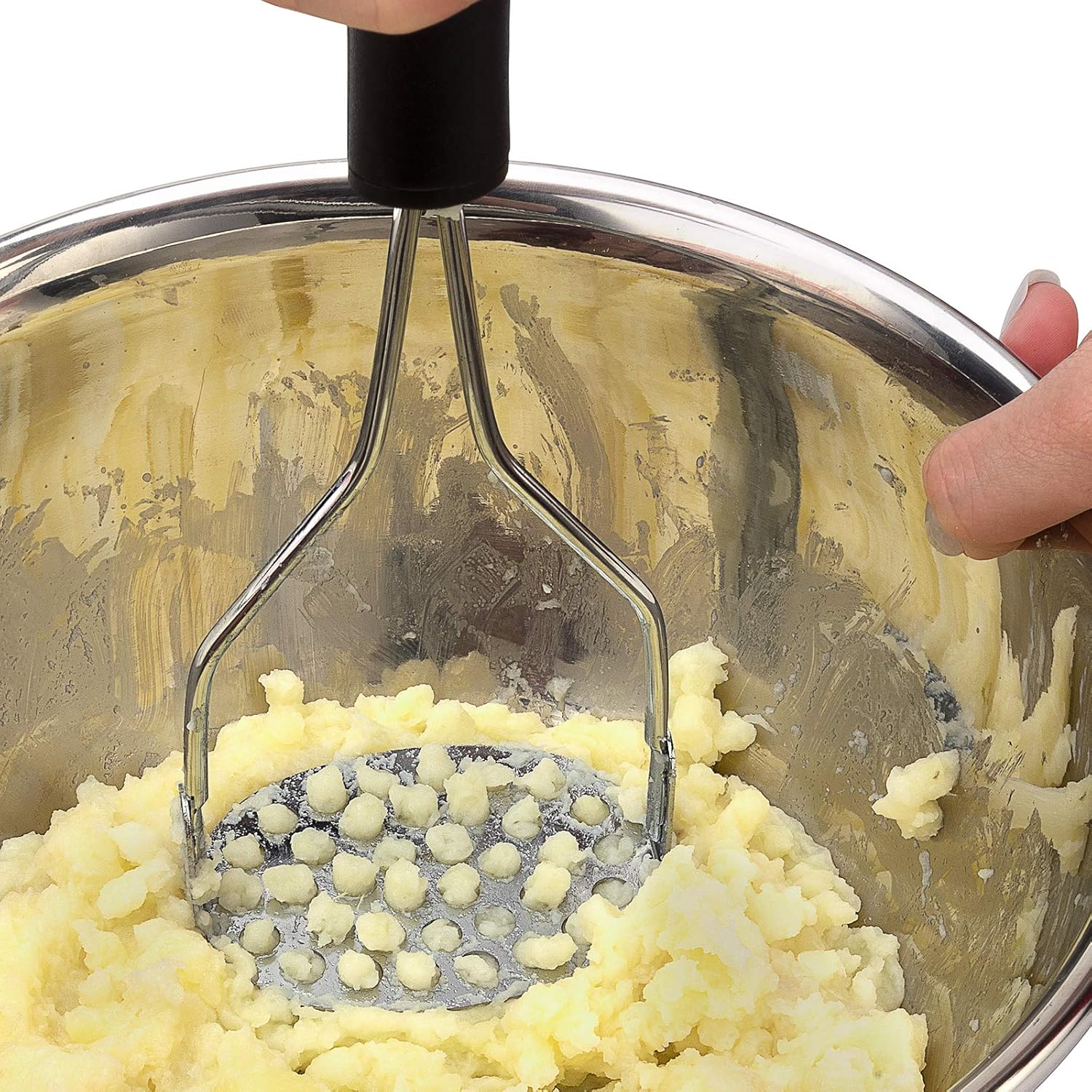 Paquete de 2 machacadores de patatas de acero inoxidable de alta resistencia, onduladas y redondas, mango antideslizante y no es fácil de doblar,