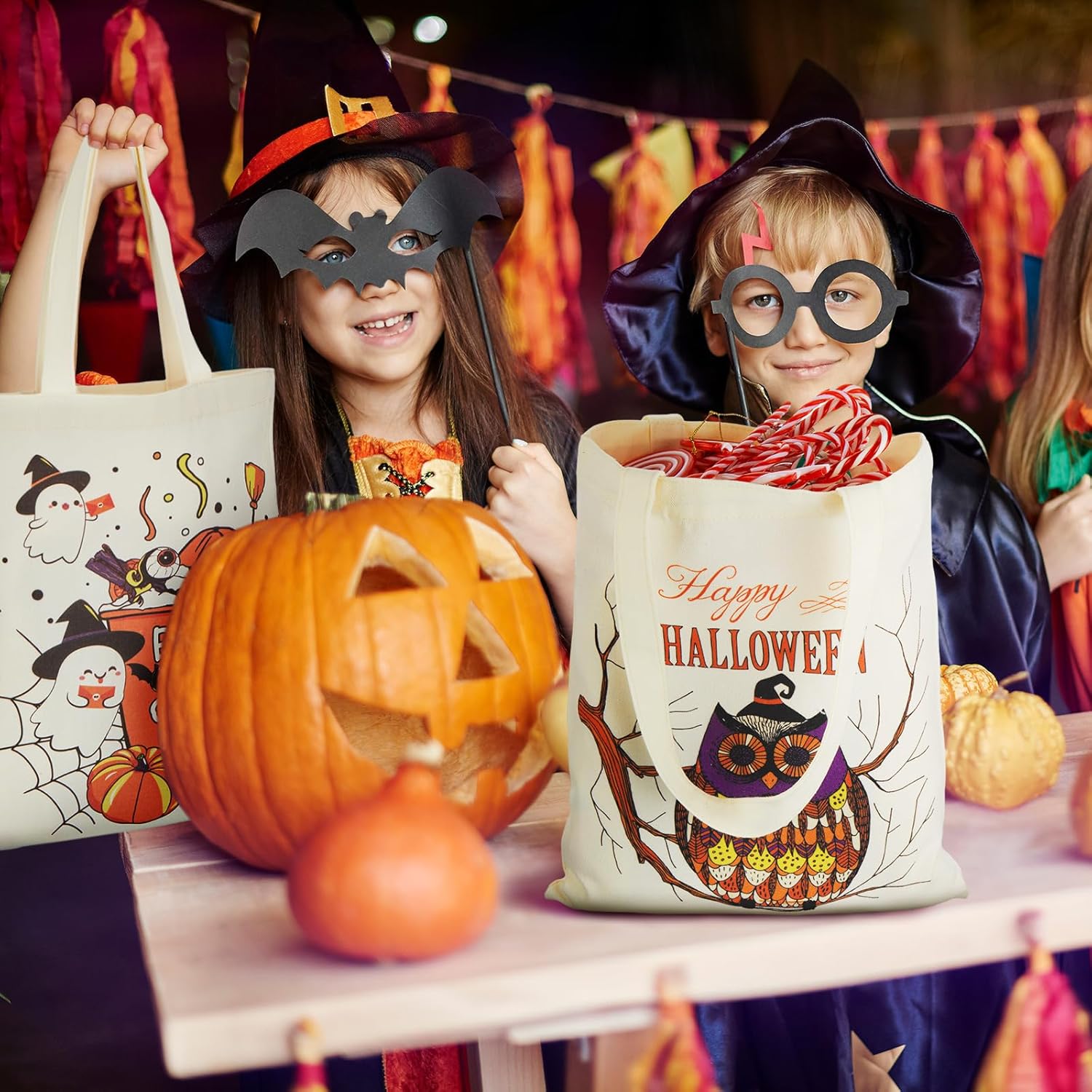 6 bolsas de lona de Halloween a granel reutilizables para dulces, bolsa de compras grande para Halloween, bolsas de truco o trato, diseño de