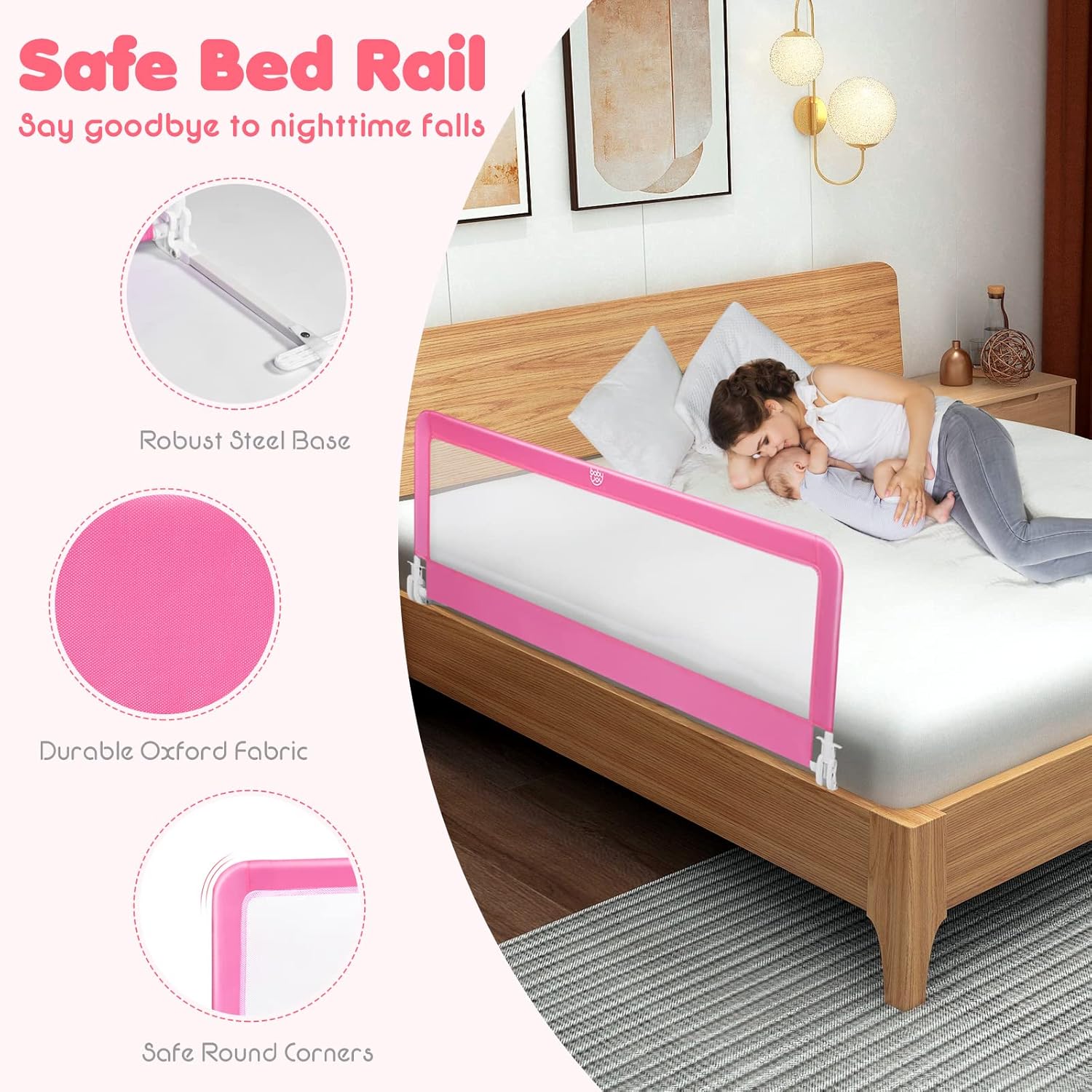BABY JOY Rieles de cama para niños pequeños, 59 pulgadas, extra largo, protector de cama abatible con correas de seguridad, barandilla plegable para