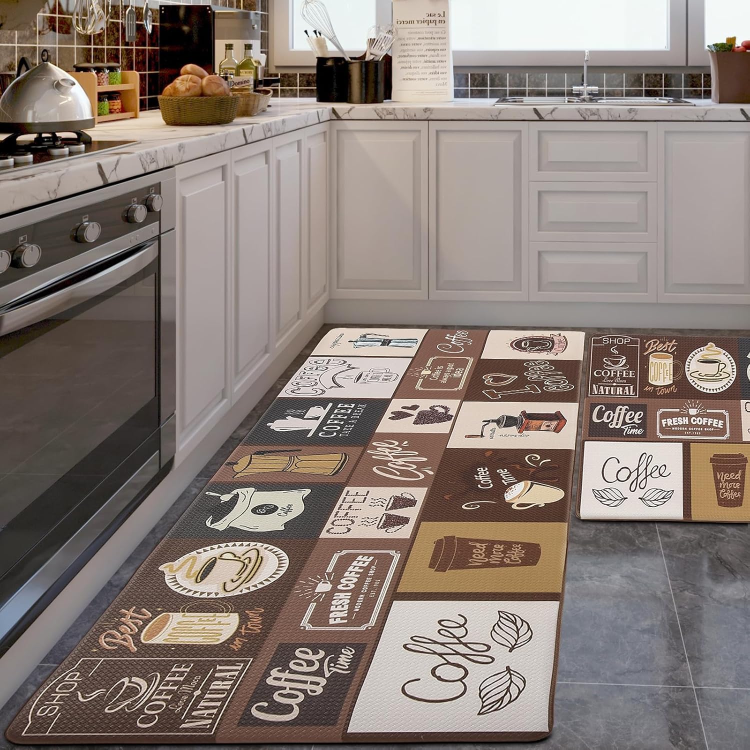 HOMELEPHANT Juego de 2 tapetes de cocina con temática de café, impermeables, antideslizantes, resistentes y cómodos para cocina, suelo, oficina,