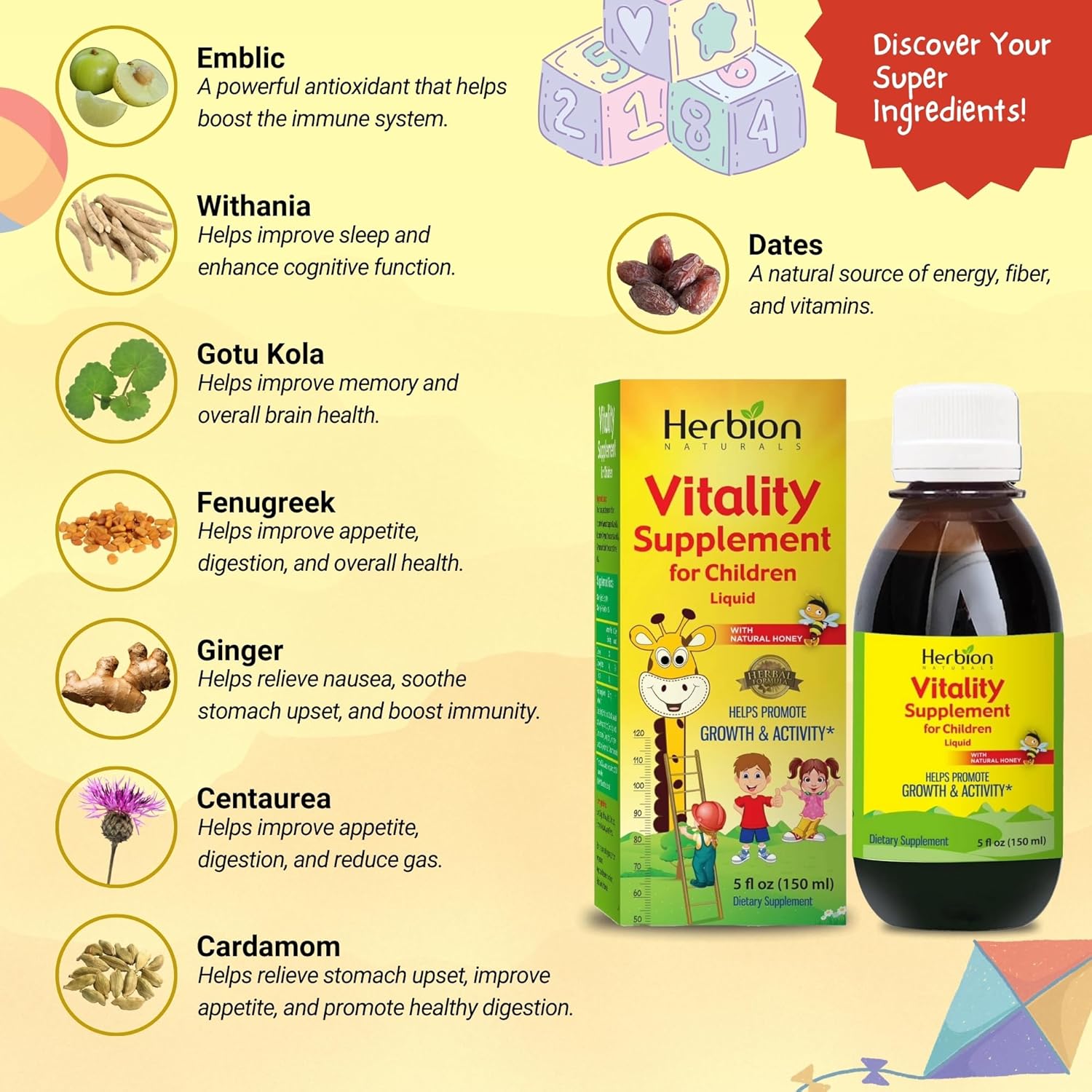 Herbion Naturals Suplemento Vitality para niños  Promueve el crecimiento y el apetito  Alivia la fatiga  Mejora el rendimiento mental y físico  5