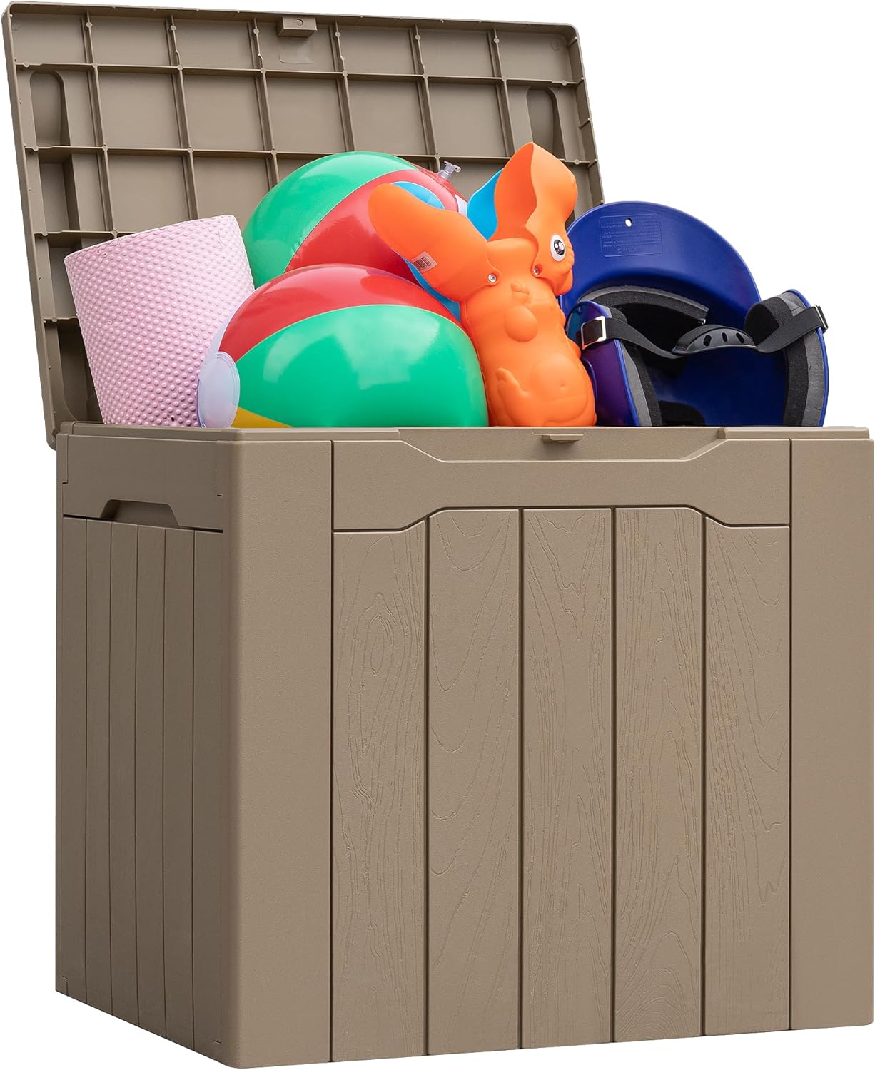 Caja de resina de 31 galones con cerradura, impermeable, para equipos deportivos, juguetes de piscina y cojines de patio, contenedor multifuncional