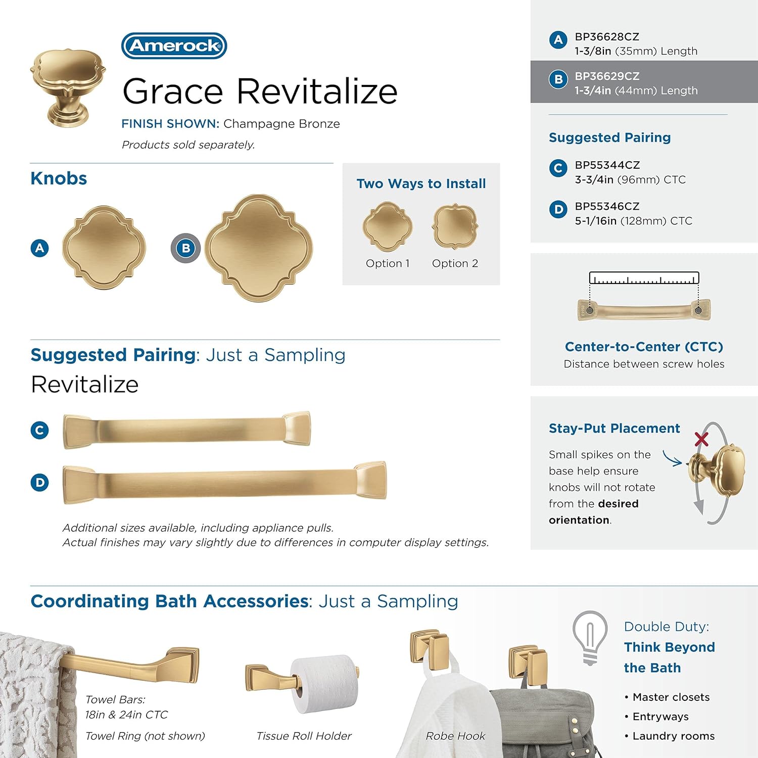 Amerock  Pomo de gabinete  Bronce champán  Pomo de cajón de 1-34 pulgadas (1.732 in) de diámetro  Grace Revitalize  Herrajes para cocina y baño
