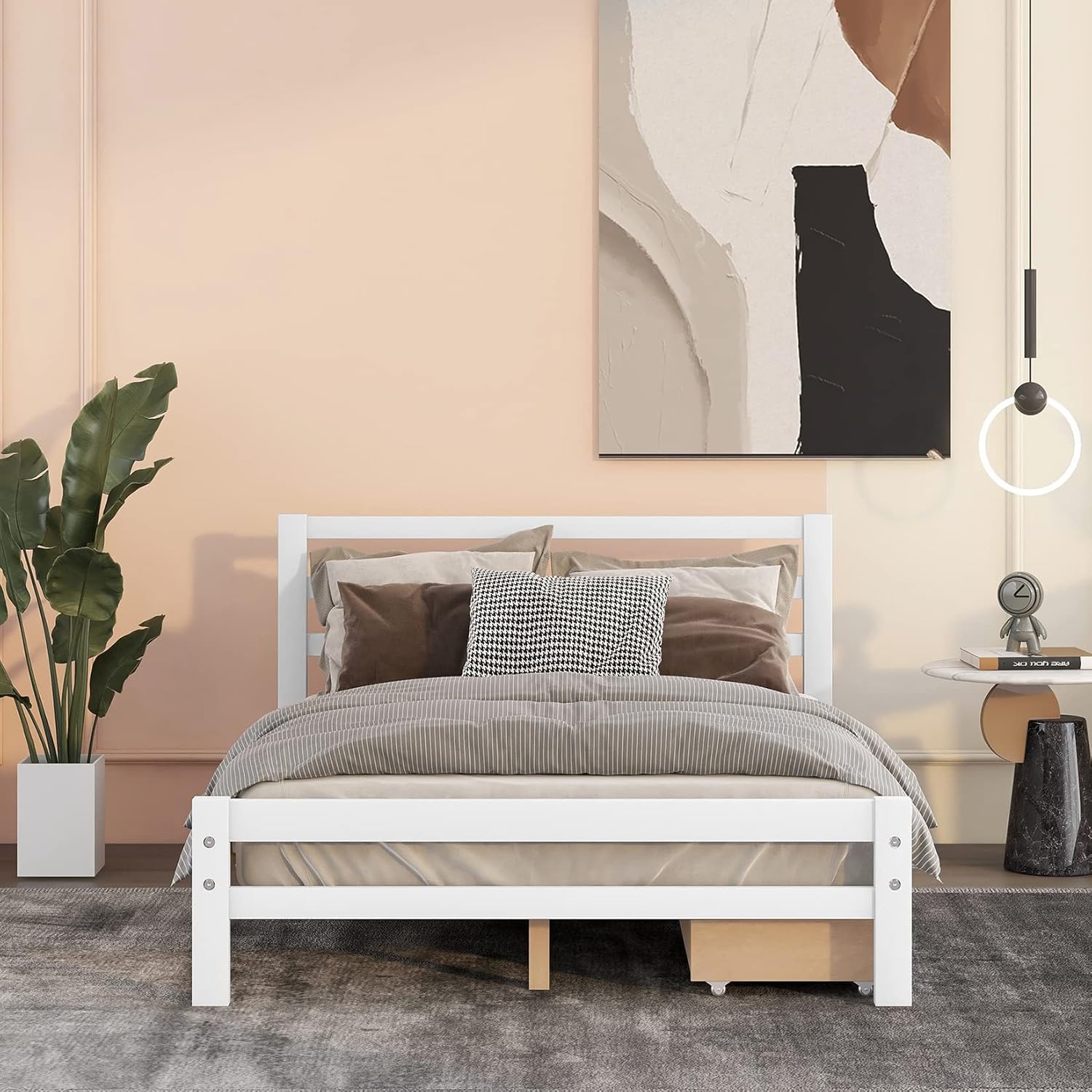 Cama matrimonial con cajones, plataforma de madera con cabecero y estribo, cama capitán blanca de madera para niños, niñas, niños, adolescentes y