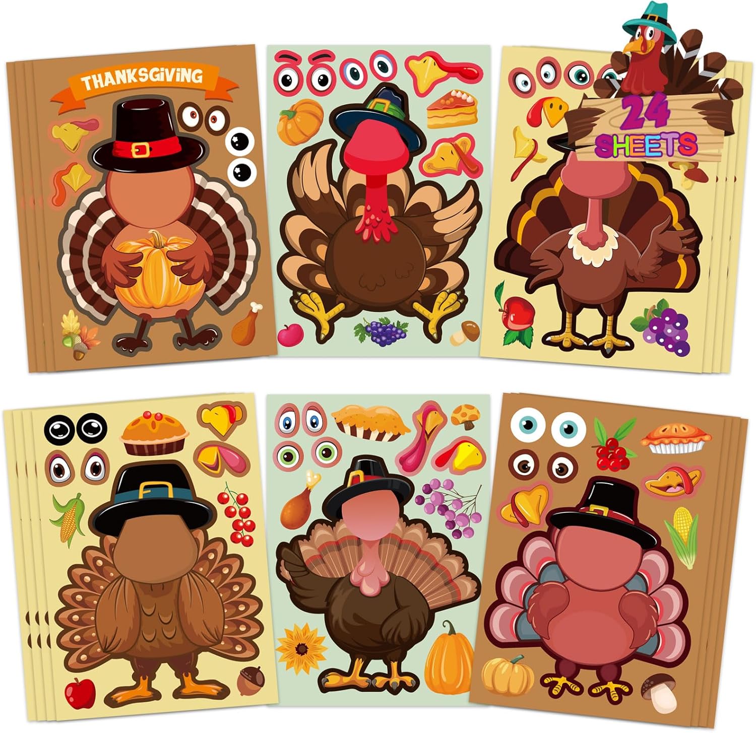 24 hojas de calcomanías Make-a-Turkey para fiestas de Acción de Gracias, suministros para niños, juegos de pavo, manualidades, calcomanías de otoño,