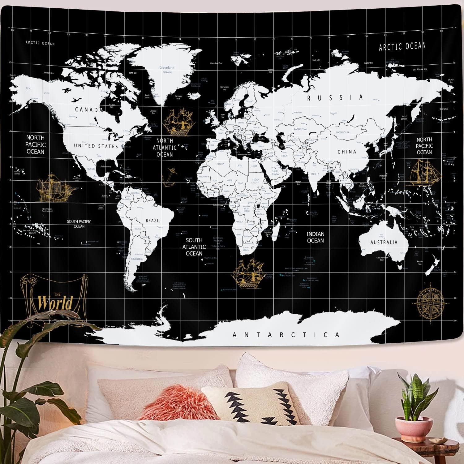 Tapiz de mapa del mundo para colgar en la pared, diseño geográfico del mundo, Asia Europa, ciudad del sur, topografía, América, África, Japón,