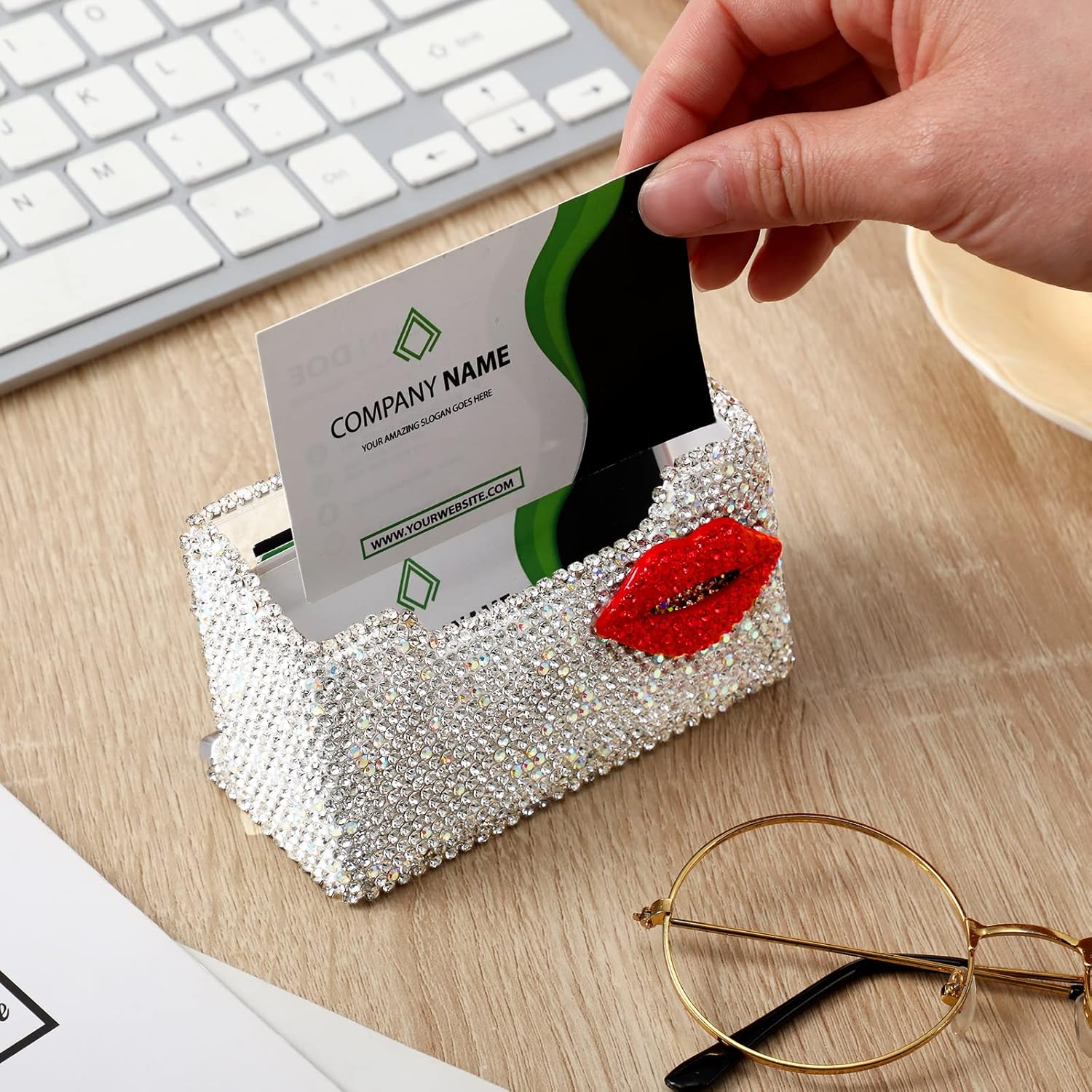 2 tarjeteros divertidos para mujer, tarjetero para el día de San Valentín, con diamantes de imitación de labios rojos, tarjetero acrílico,