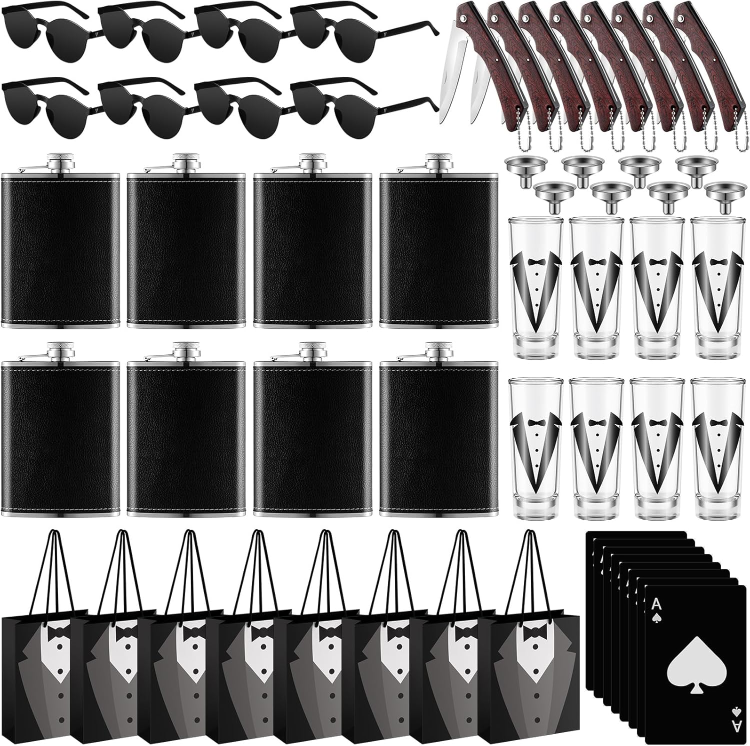 48 piezas de regalo de propuesta de padrinos de boda, 8 cuchillos de bolsillo grabados, 8 bolsas de regalo para padrinos de boda, 8 vasos de chupito
