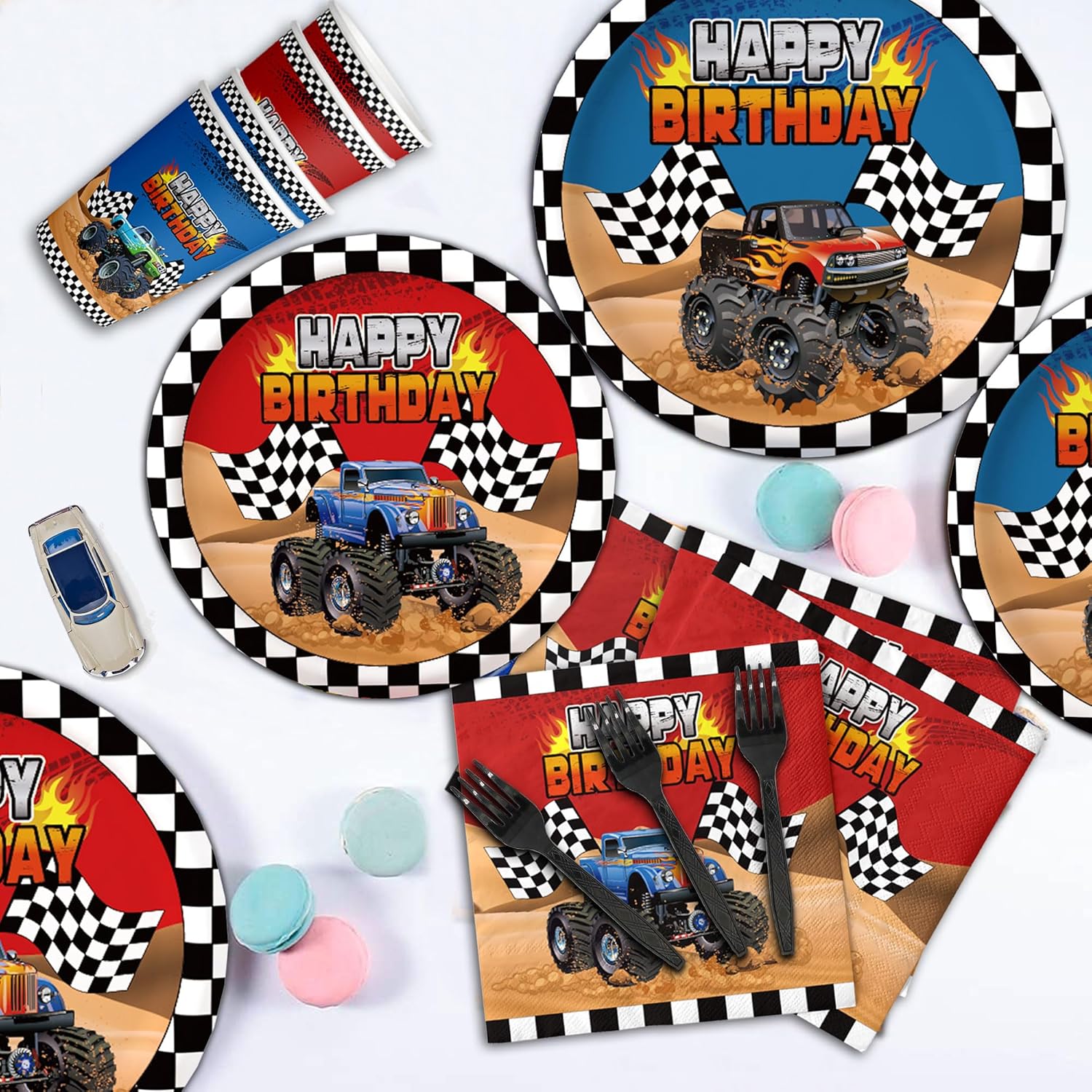 120 piezas de decoración de fiesta de cumpleaños para camiones, suministros para 24 platos grandes para camiones y servilletas, tenedores, autos de