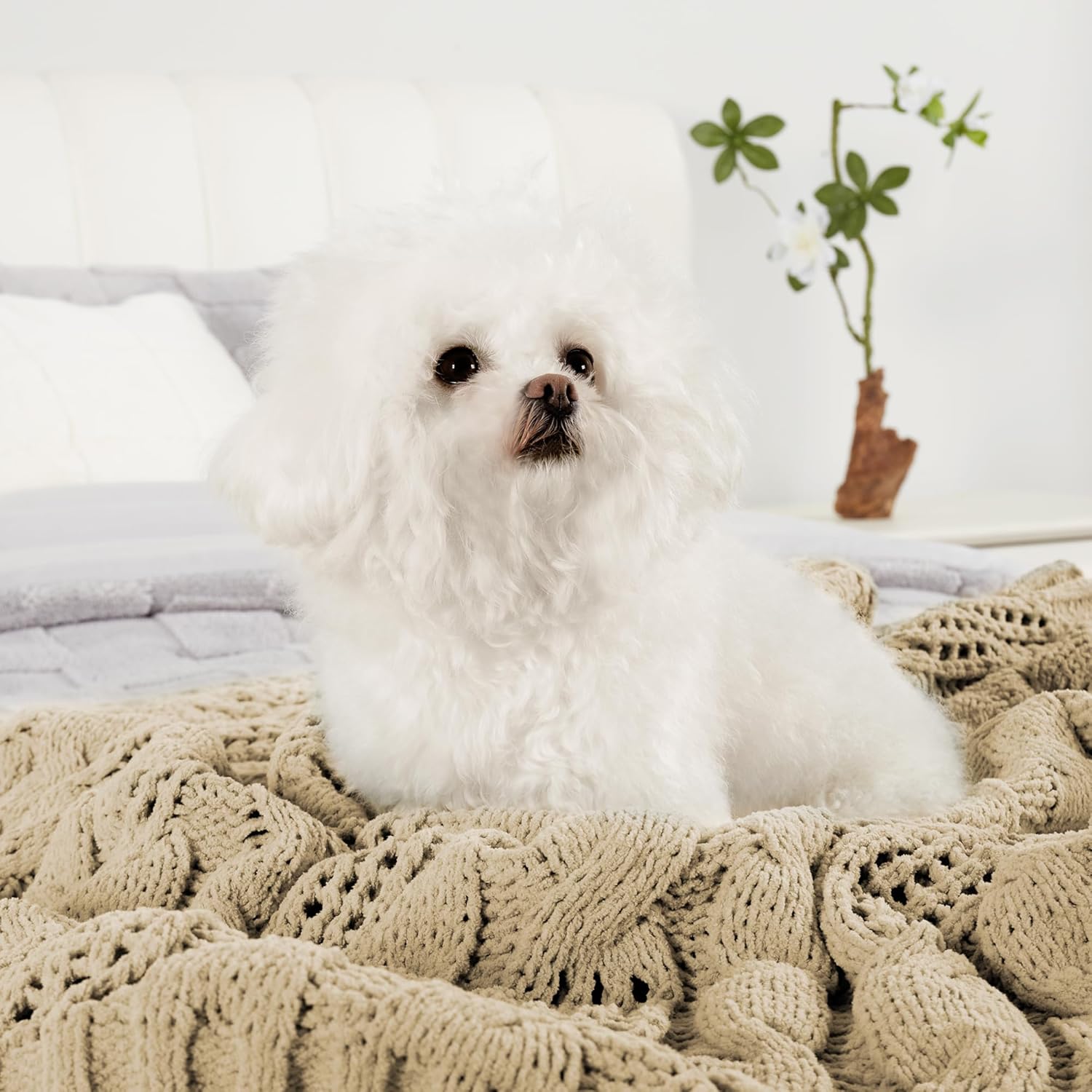 Amélie Home Manta de felpilla de punto grueso, transpirable, de punto trenzado, para sofá, silla, cama, color beige, 50 x 60 pulgadas