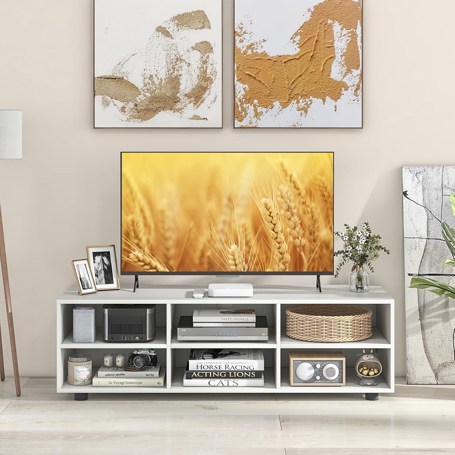 Tangkula Soporte de TV blanco para TV de hasta 55 pulgadas, mesa consola de TV con 6 cubículos, estantes ajustables en 5 posiciones, centro de