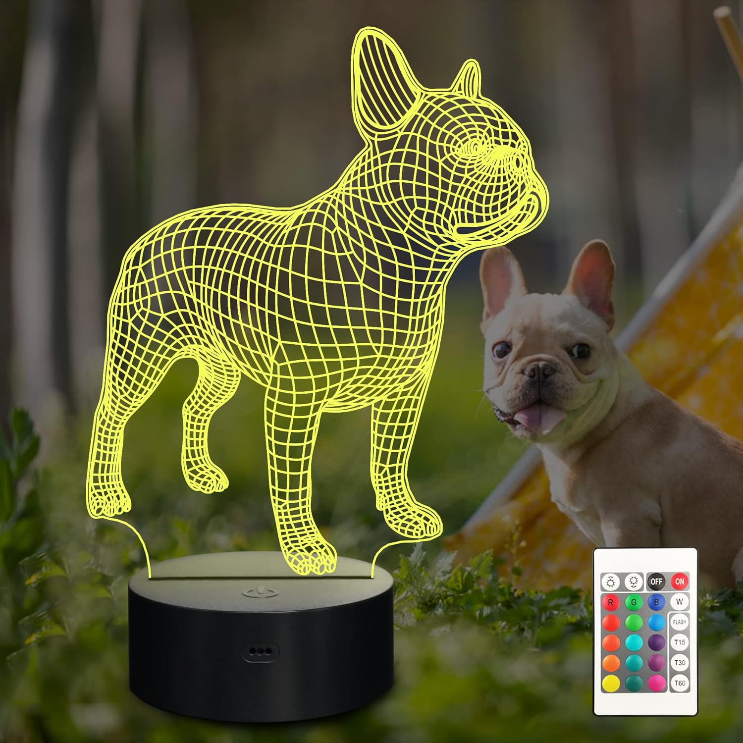Lampeez Luz nocturna de bulldog francés 3D, lámpara de ilusión óptica de 16 colores cambiantes con control remoto para cumpleaños, Navidad, día de