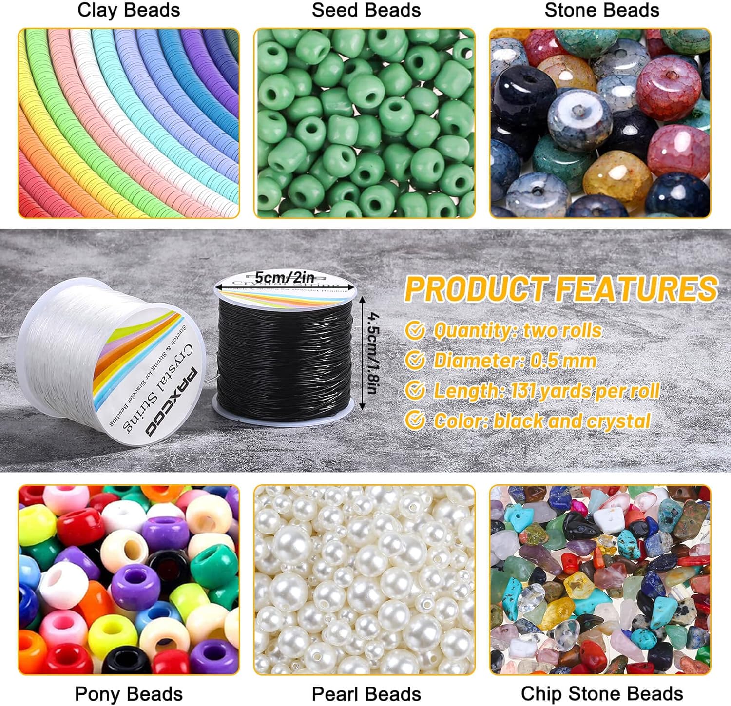 PAXCOO – 2 rollos de cuerda elástica para cuentas de arcilla, cuentas de poni Kandi, pulseras y fabricación de joyas (0.020 in, cristal y negro)