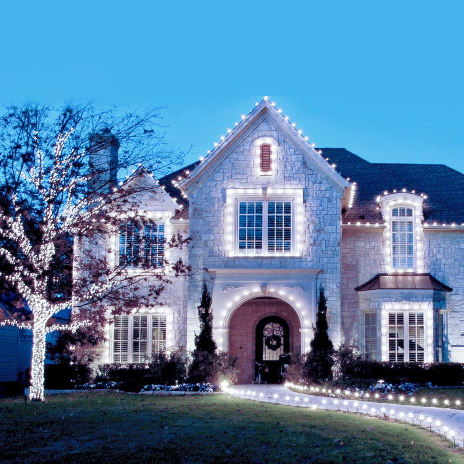 Luces LED C9 de Navidad para exteriores, 66 pies, 100 luces LED de fresa con 100 abrazaderas de resorte, grado comercial, impermeable, extensible,
