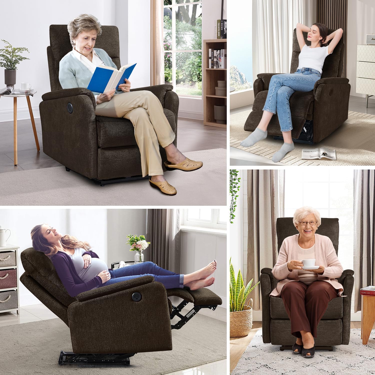 Silla reclinable para adultos y ancianos, sofá reclinable individual ergonómico, silla reclinable pequeña con puertos USB, respaldo y cojín para