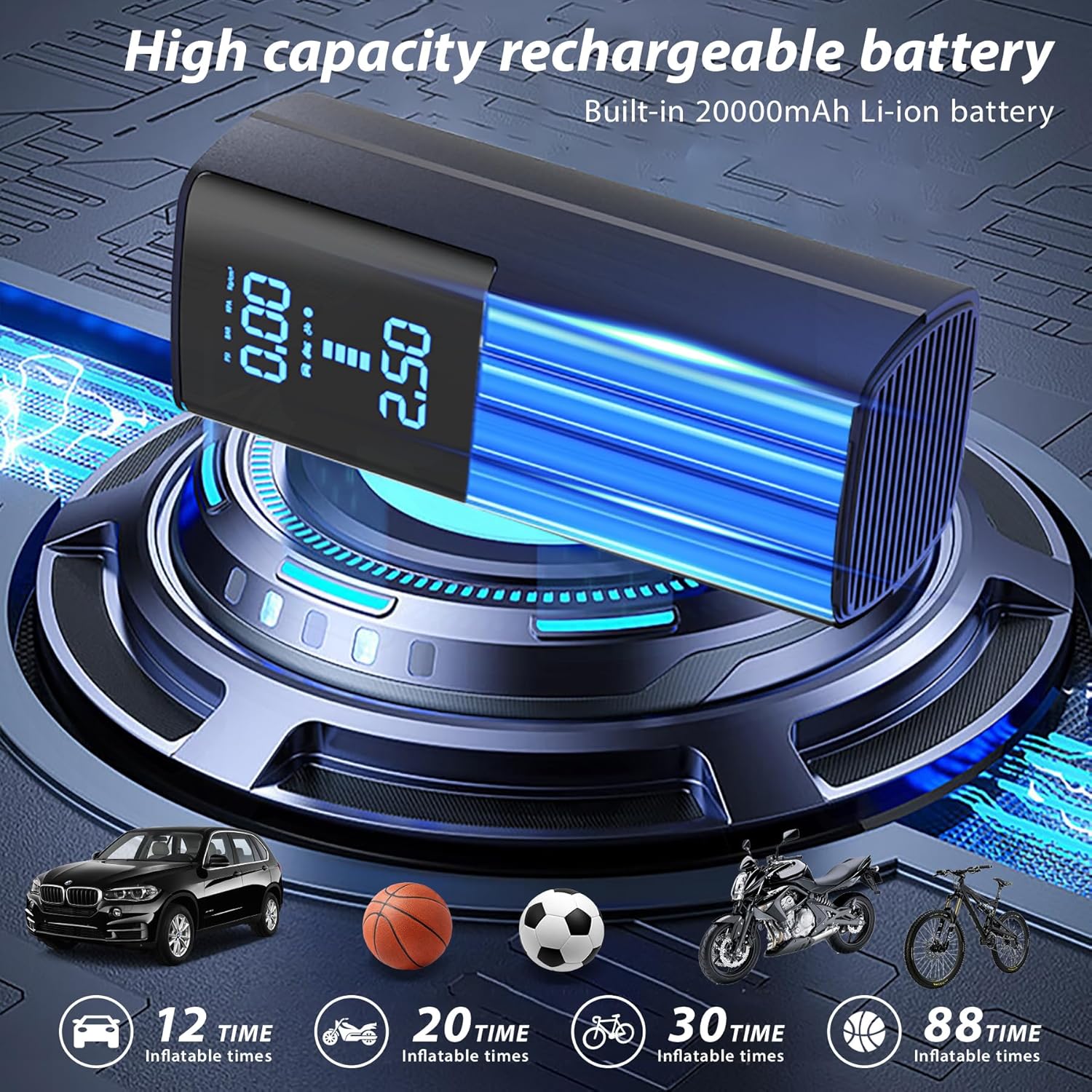 Inflador de neumáticos, compresor de aire portátil, bomba de aire portátil de 20000 mAh y 180 psi para neumáticos de automóvil, pantalla LCD de