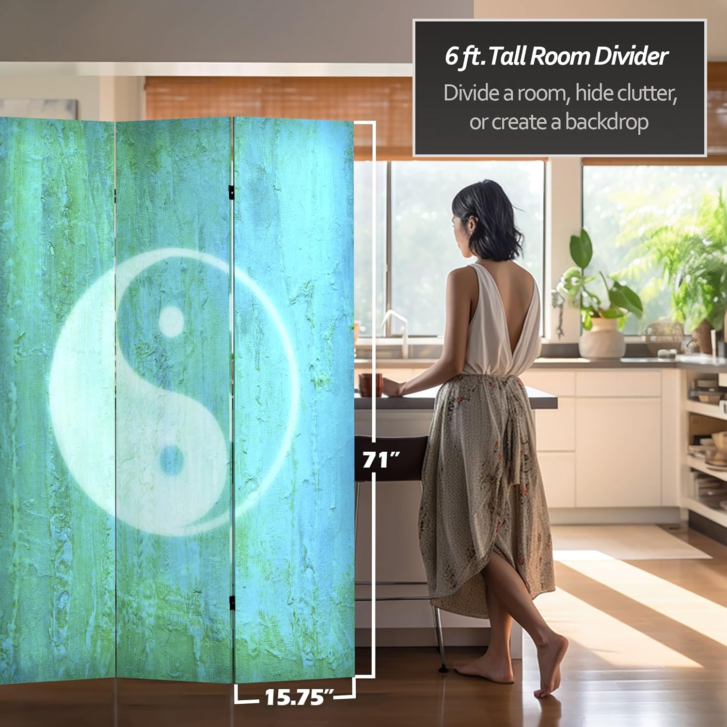 Oriental Furniture – Divisor de habitación de lona Yin YangOm de doble cara de 6 pies de alto