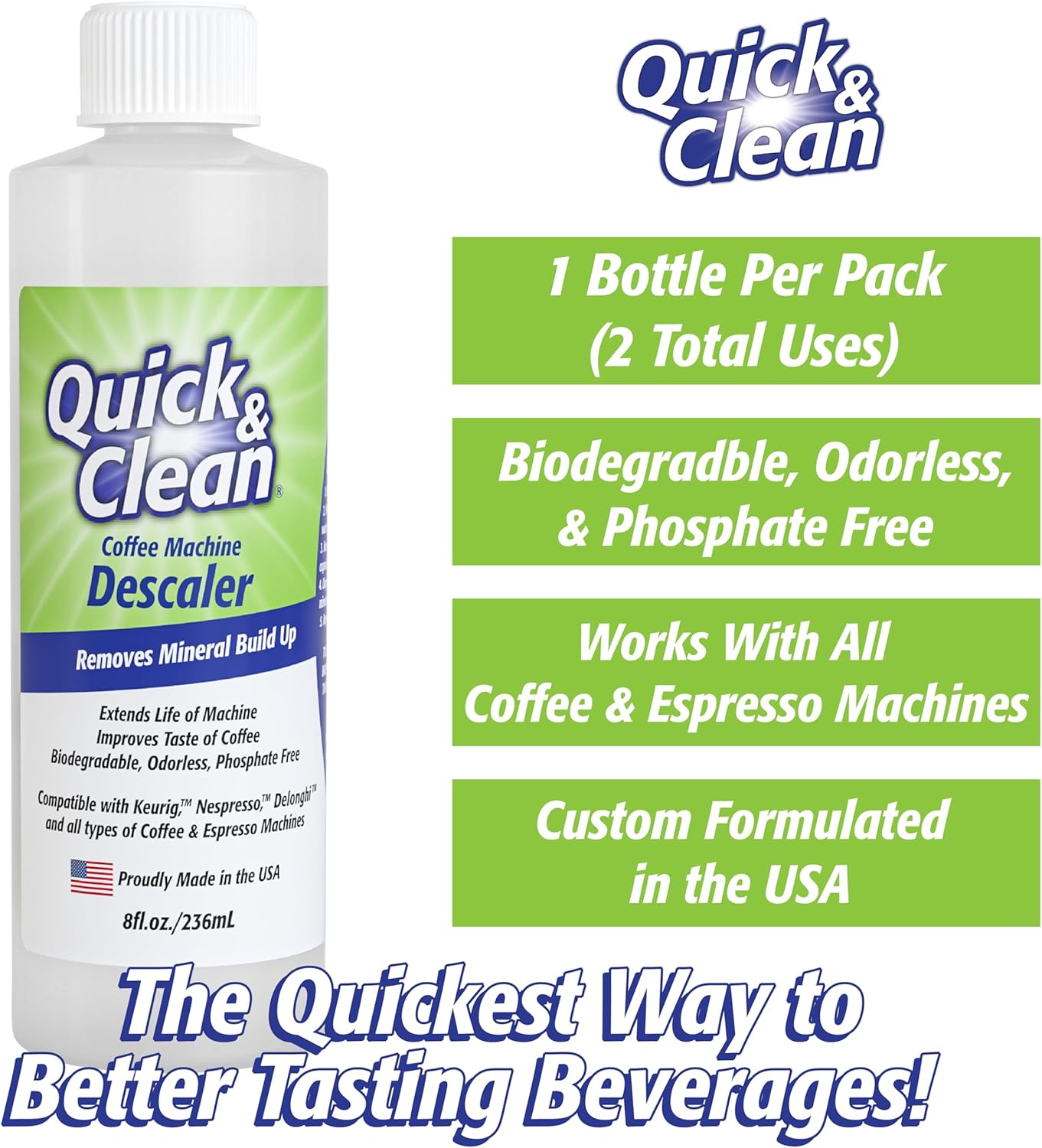 Quick & Clean Paquete de 4 tazas de limpieza + 2 filtros con paquete descalcificador (2 usos totales) – Compatible con 2.0, solución de
