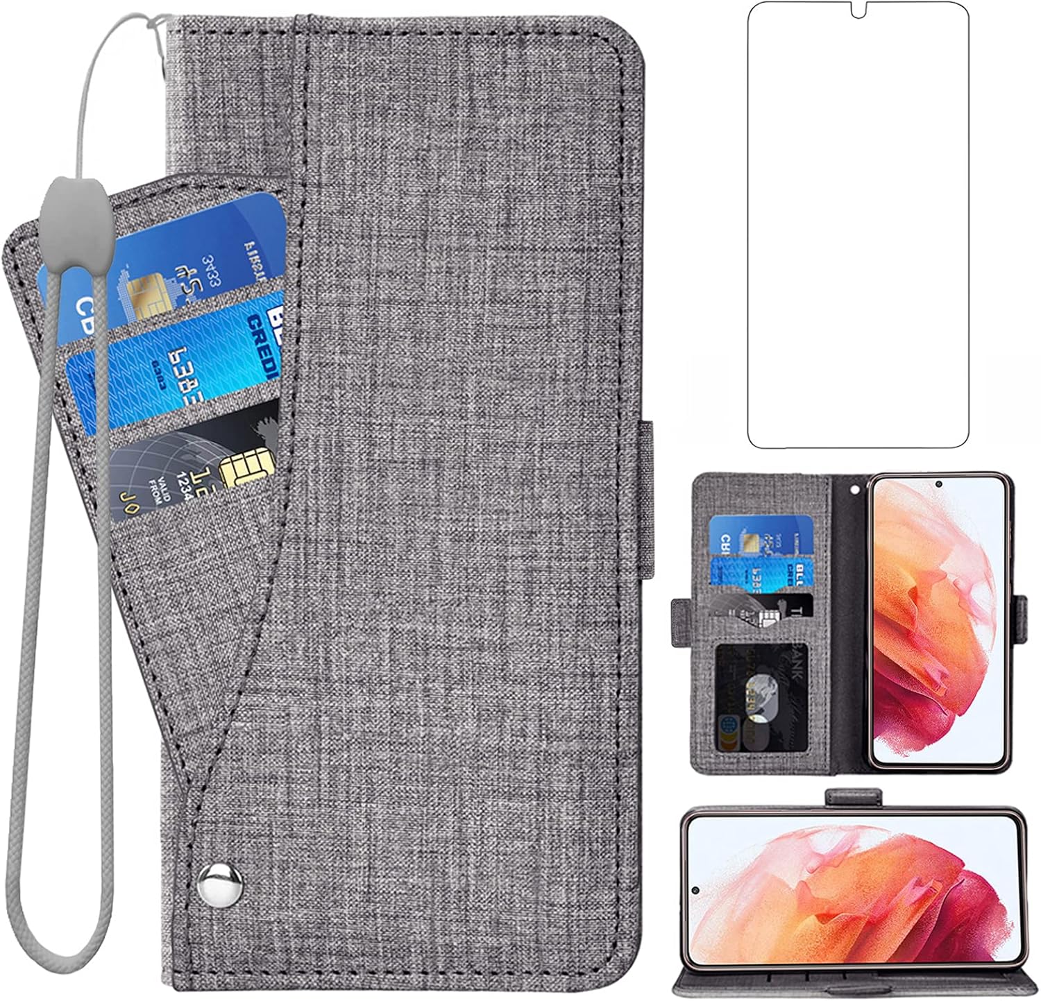 Asuwish Funda tipo cartera compatible con Samsung Galaxy S21 Plus Glaxay S21+ 5G, protector de pantalla de vidrio templado y portatarjetas para