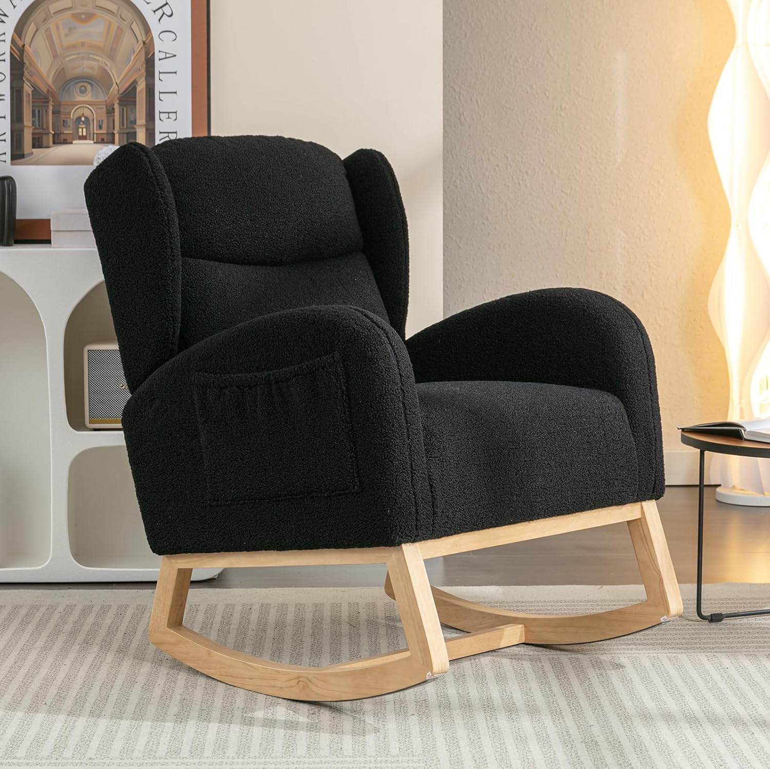 Mecedora de peluche para guardería, silla mecedora tapizada con bolsillo, silla moderna con respaldo de ala, cómoda silla de lectura con patas de
