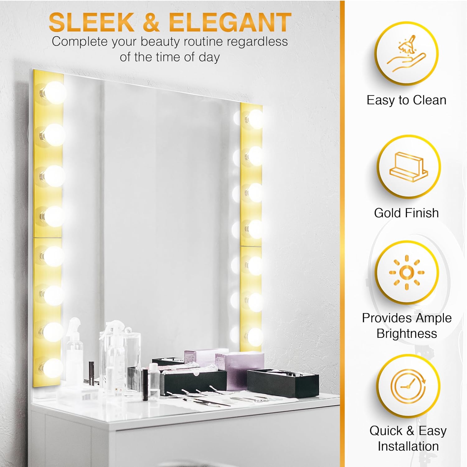 DYSMIO Tira de tocador de cuatro luces  Accesorio de espejo estilo Hollywood con placas doradas de latón  Accesorios de calidad de salón para