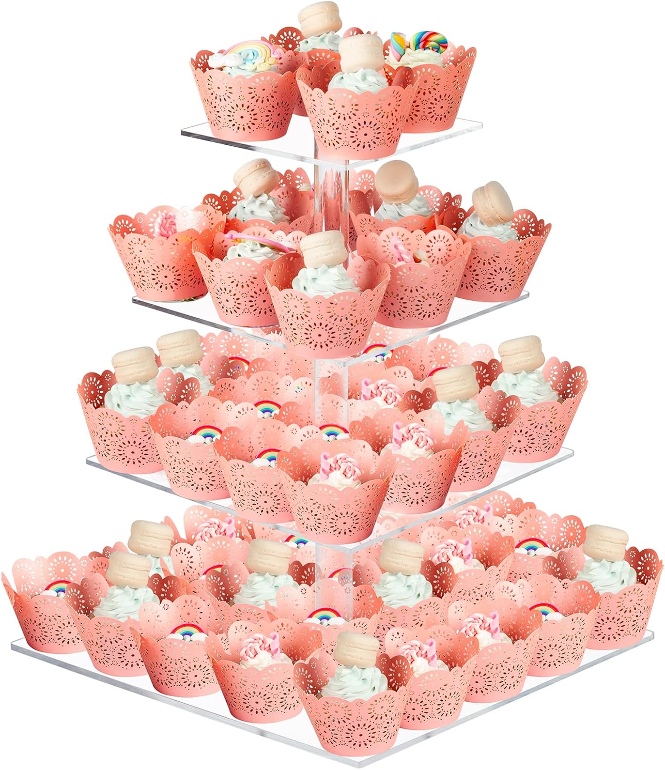 Soporte para cupcakes, soporte cuadrado de acrílico de 4 niveles, torre transparente de pastelería de postres para bodas, cumpleaños, fiestas