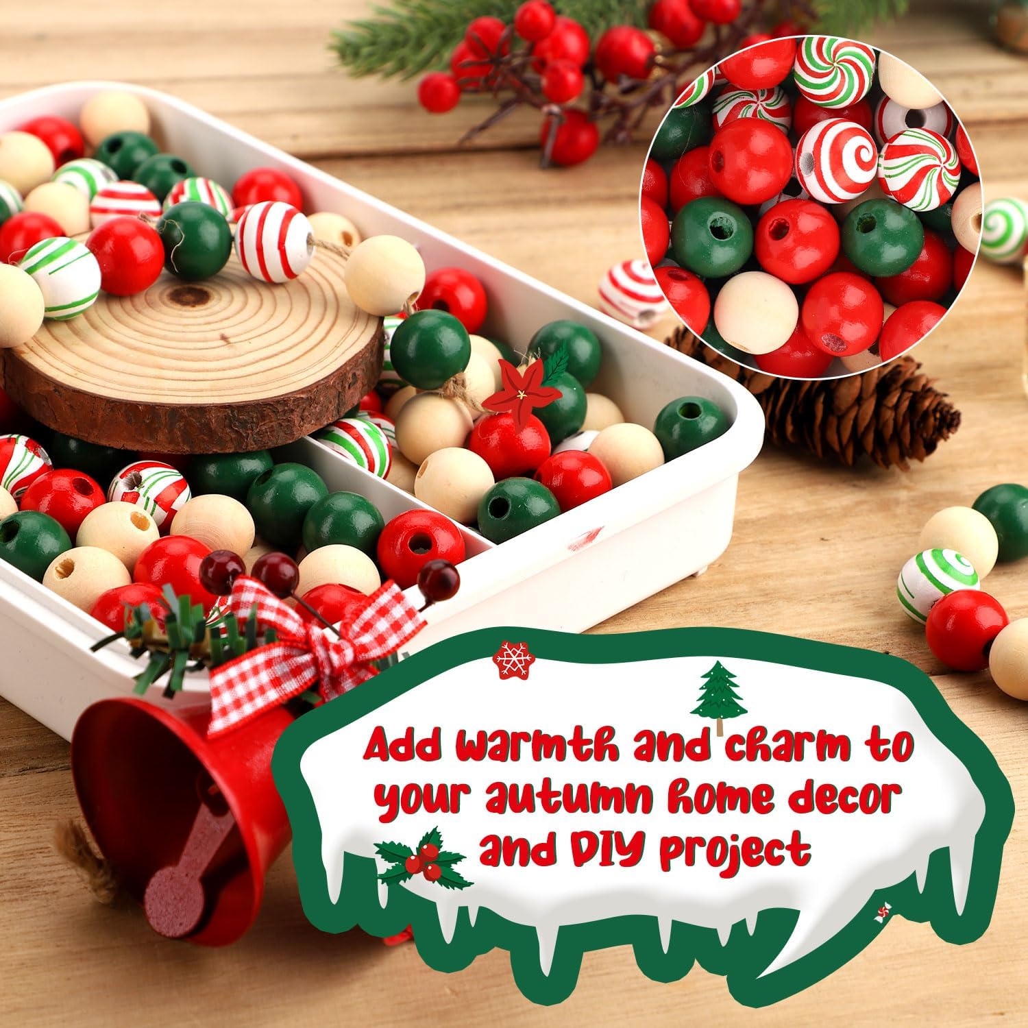 240 cuentas de madera de Navidad para manualidades, cuentas de madera coloridas de 0.63 pulgadas con cuerda de cáñamo de 65.6 ft, redonda de madera